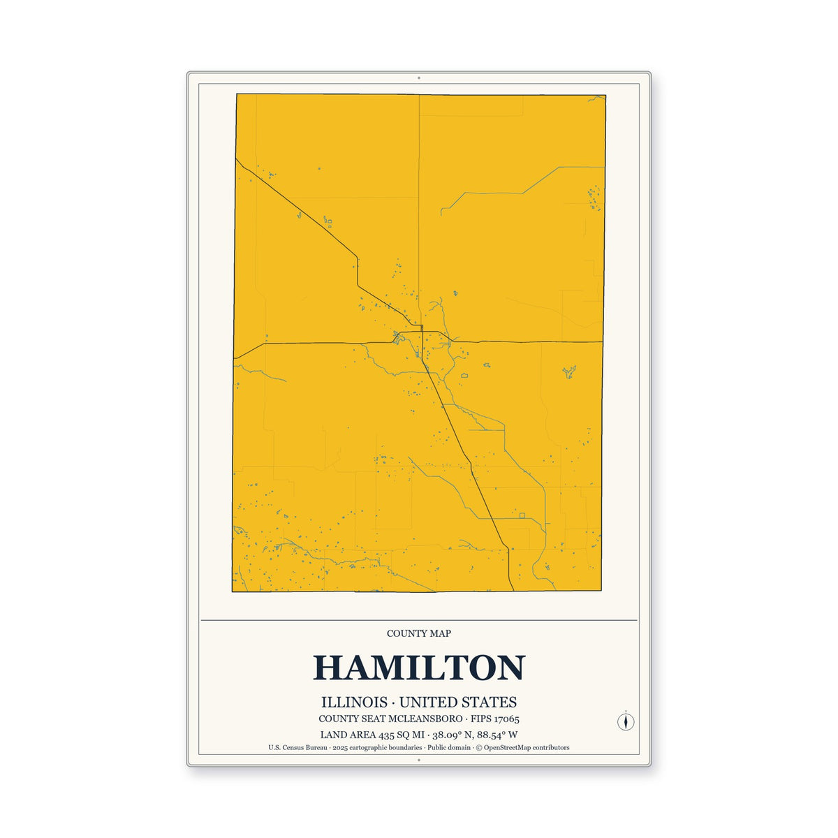 Hamilton County, Illinois Map Aluminum Sign in Citrine Modern style