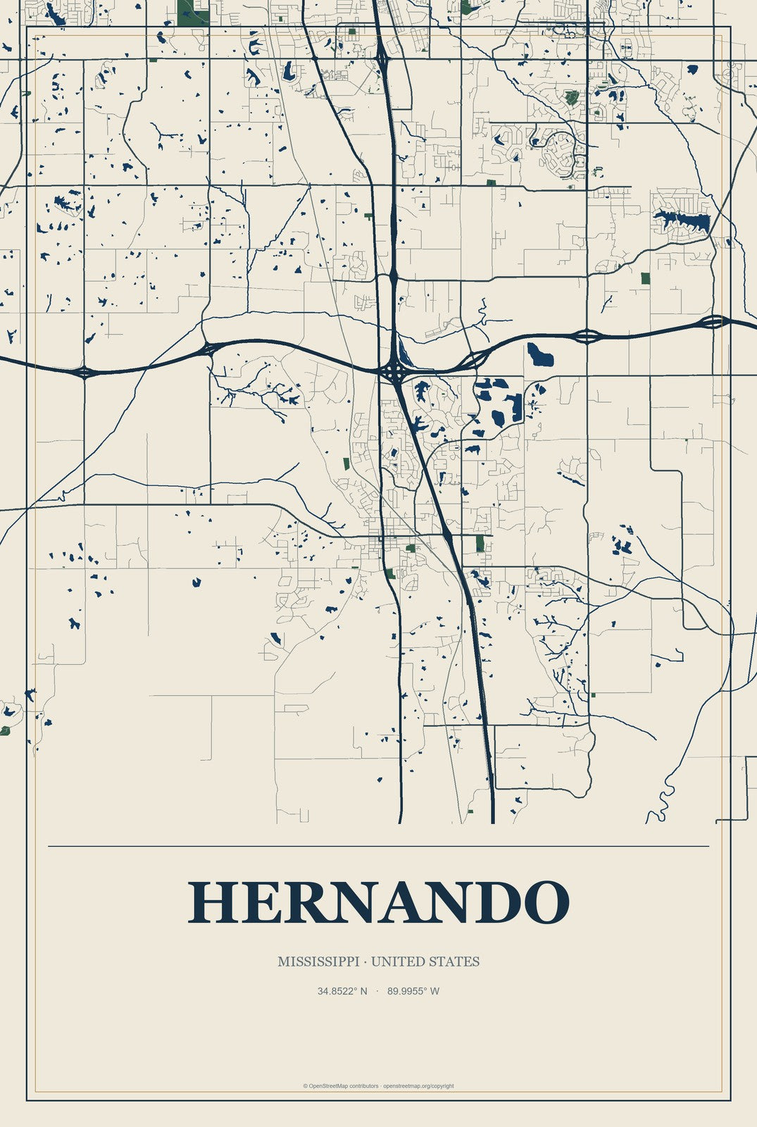 Hernando, Mississippi City Map Aluminum Sign in Coastal Cutout style