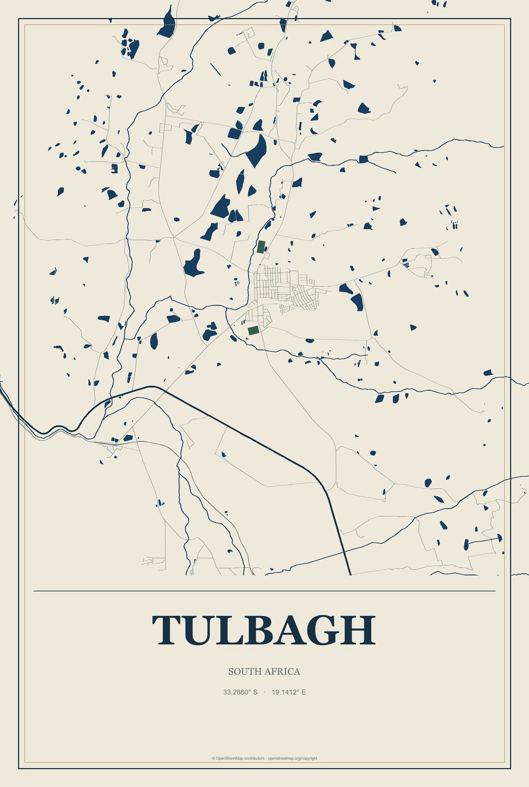 Tulbagh, South Africa City Map Aluminum Sign in Coastal Cutout style
