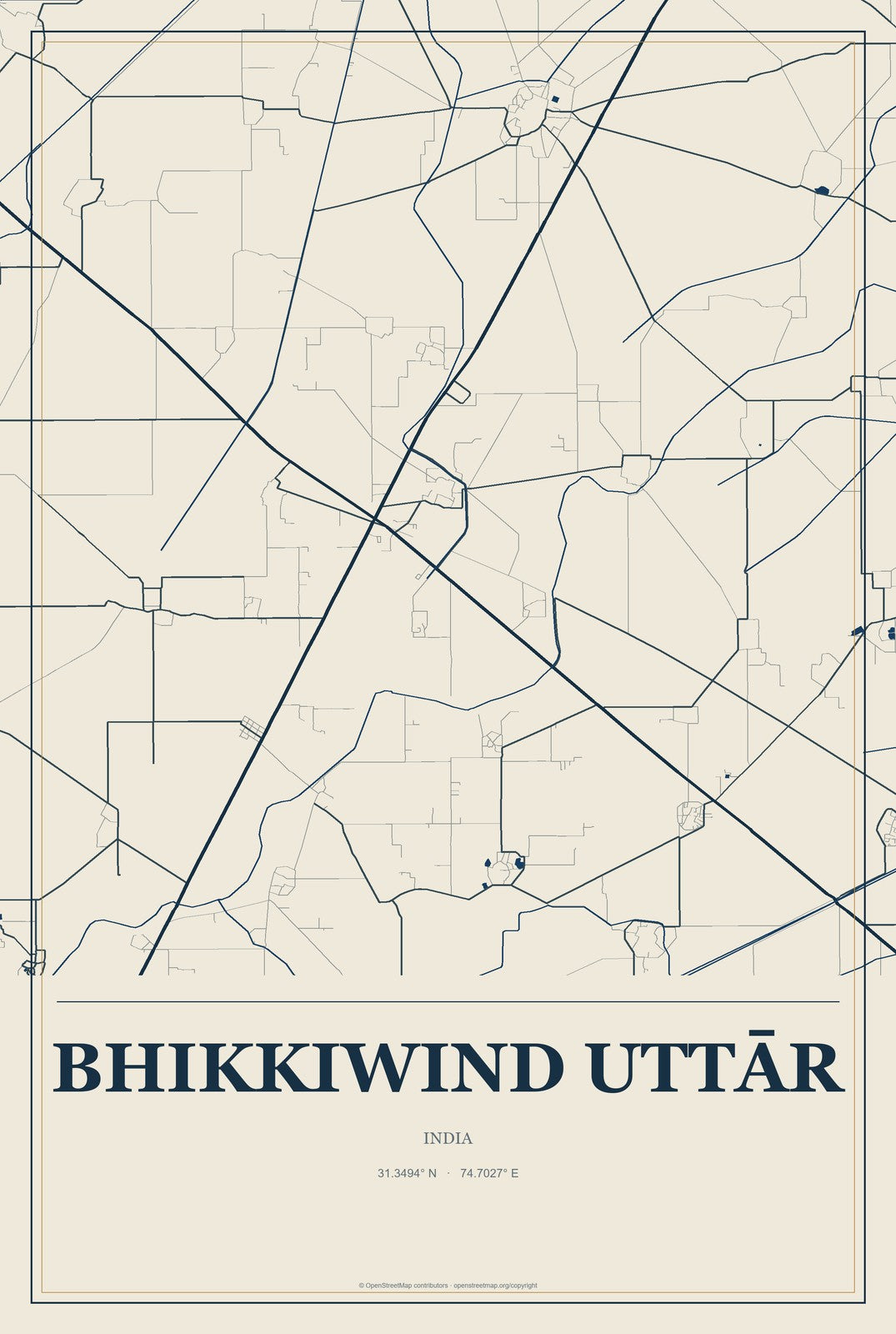 Bhikkiwind Uttār, India City Map Aluminum Sign in Coastal Cutout style