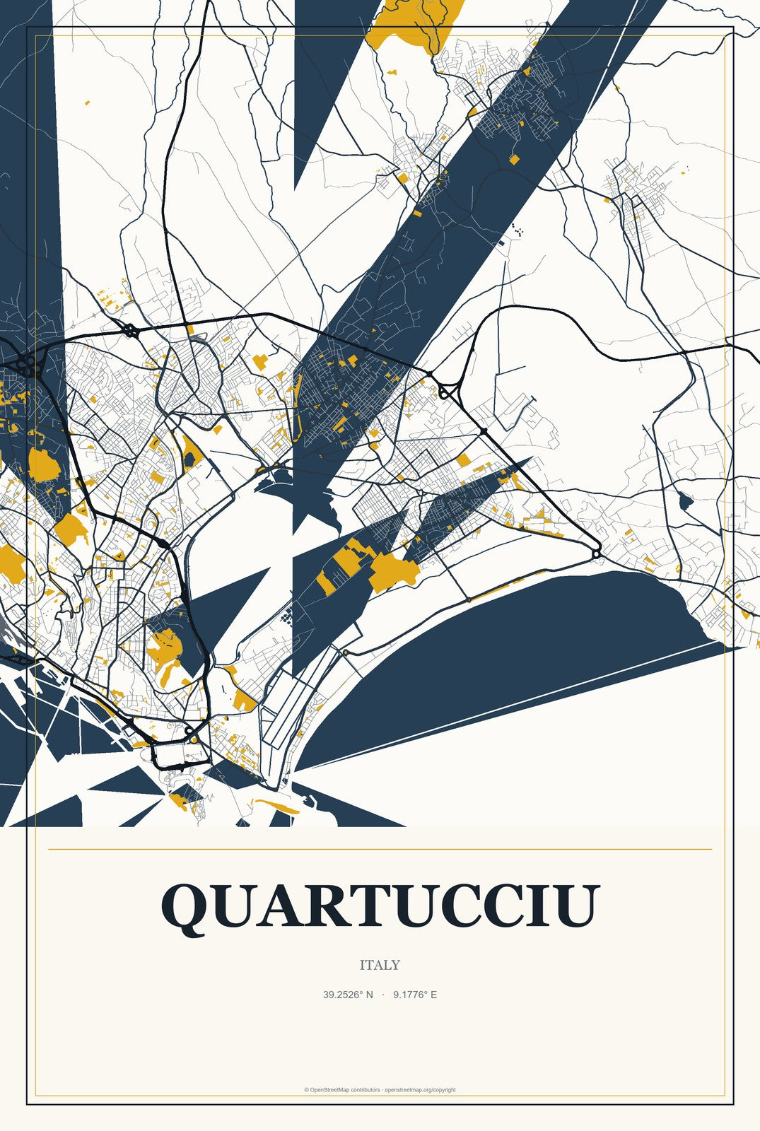 Quartucciu, Italy City Map Aluminum Sign in Citrine Modern style