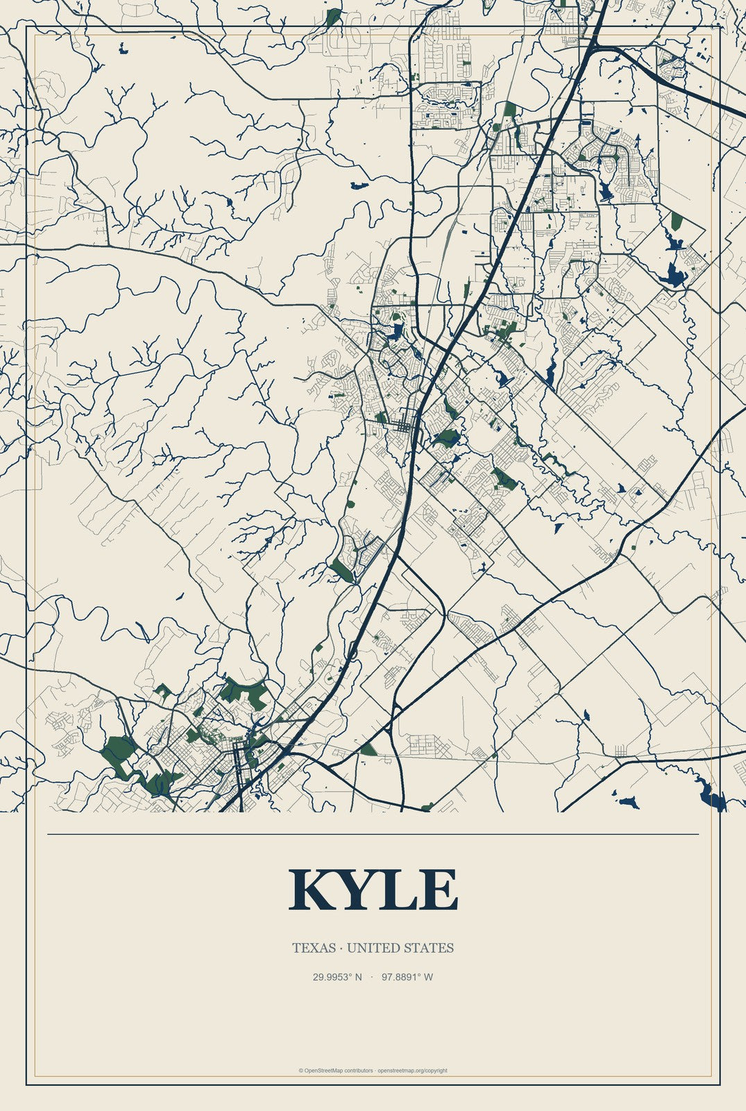 Kyle, Texas City Map Aluminum Sign in Coastal Cutout style