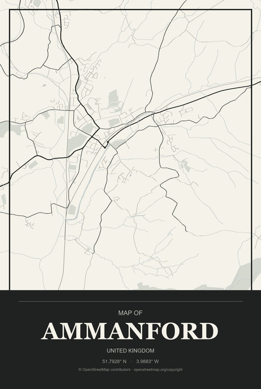 Ammanford, United Kingdom City Map Aluminum Sign in Museum Plaque style