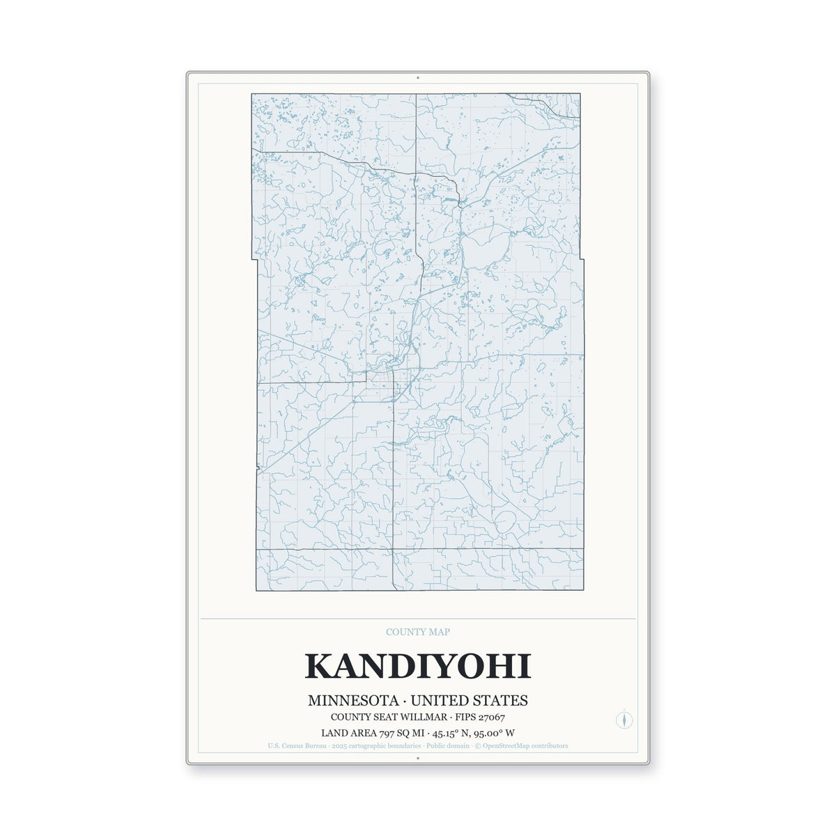 Kandiyohi County, Minnesota Map Aluminum Sign in Gallery Air style