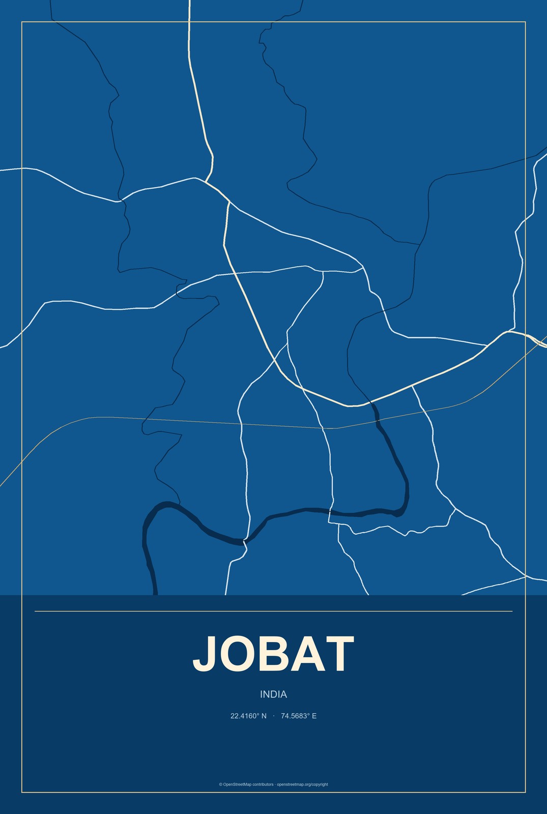 Jobat, India City Map Aluminum Sign in Harbor Cobalt style