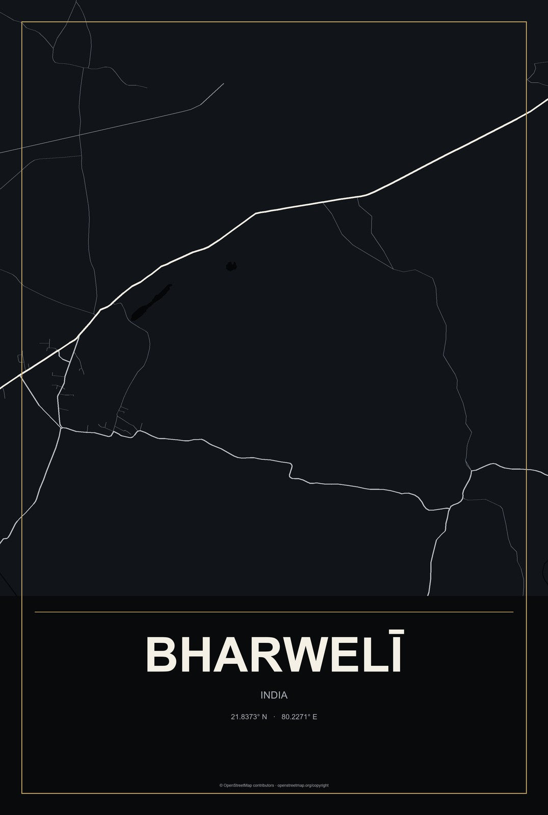 Bharwelī, India City Map Aluminum Sign in Metropolitan Noir style