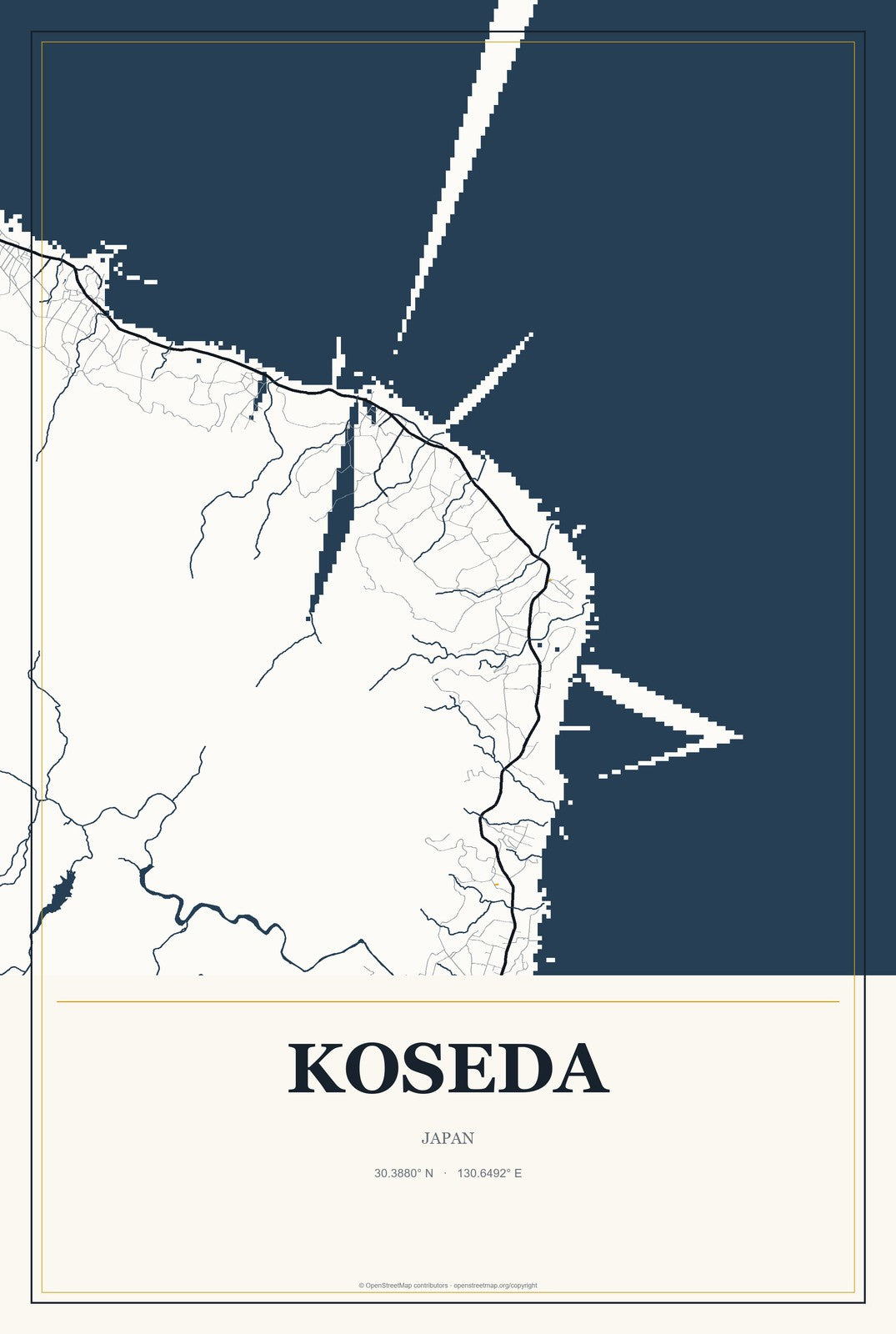 Koseda, Japan City Map Aluminum Sign in Citrine Modern style