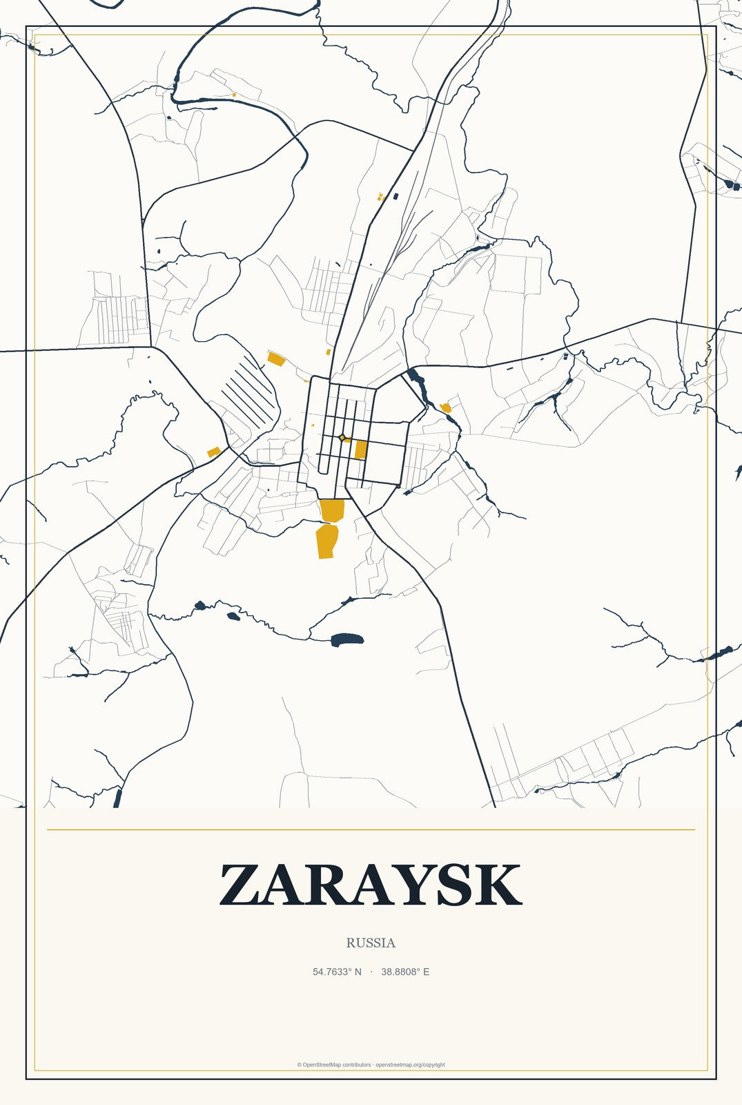 Zaraysk, Russia City Map Aluminum Sign in Citrine Modern style