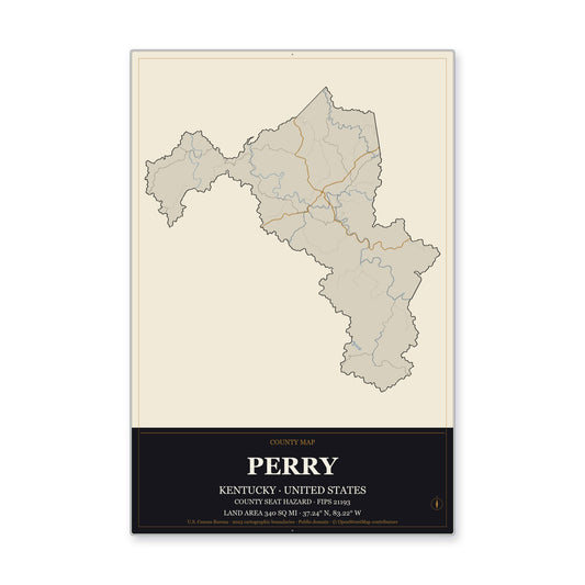 Perry County, Kentucky Map Aluminum Sign in Museum Plaque style