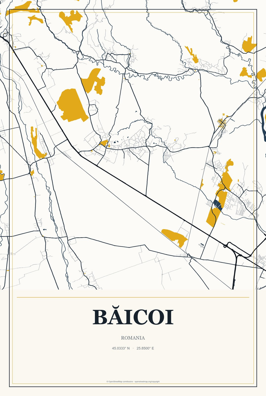Băicoi, Romania City Map Aluminum Sign in Citrine Modern style