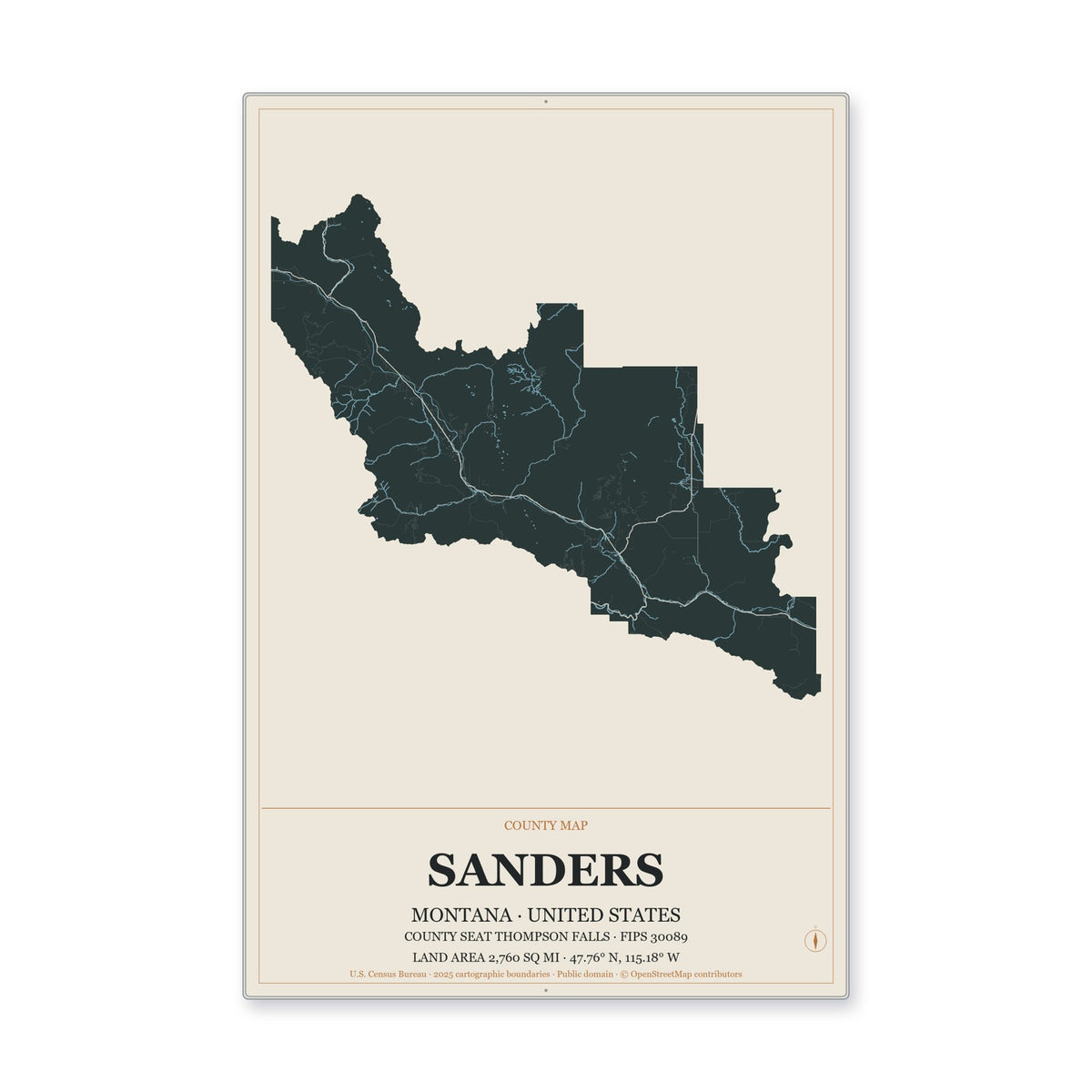 Sanders County, Montana Map Aluminum Sign in Headline Atlas style