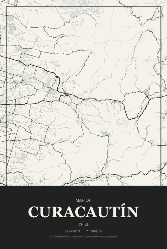 Curacautín, Chile City Map Aluminum Sign in Museum Plaque style
