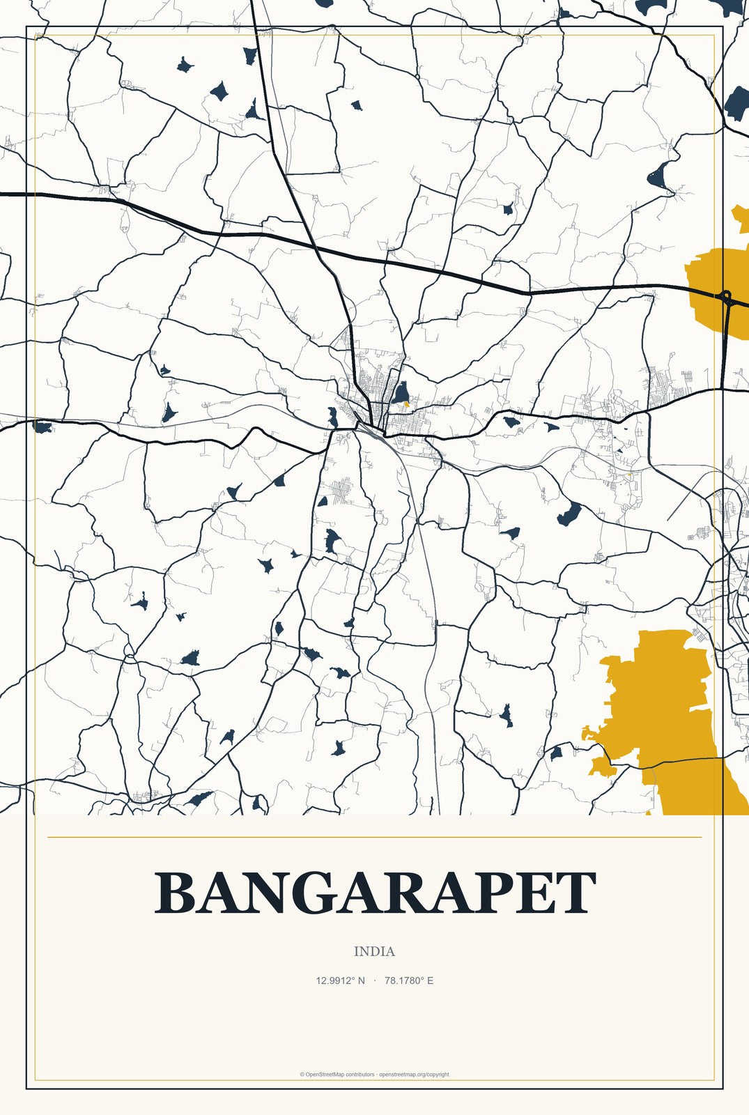 Bangarapet, India City Map Aluminum Sign in Citrine Modern style