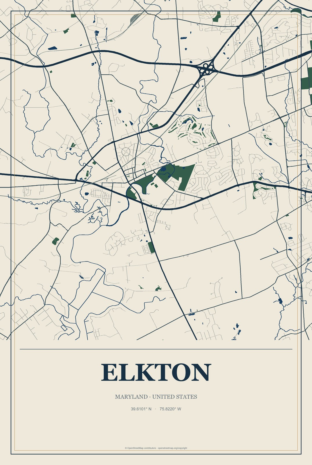 Elkton, Maryland City Map Aluminum Sign in Coastal Cutout style