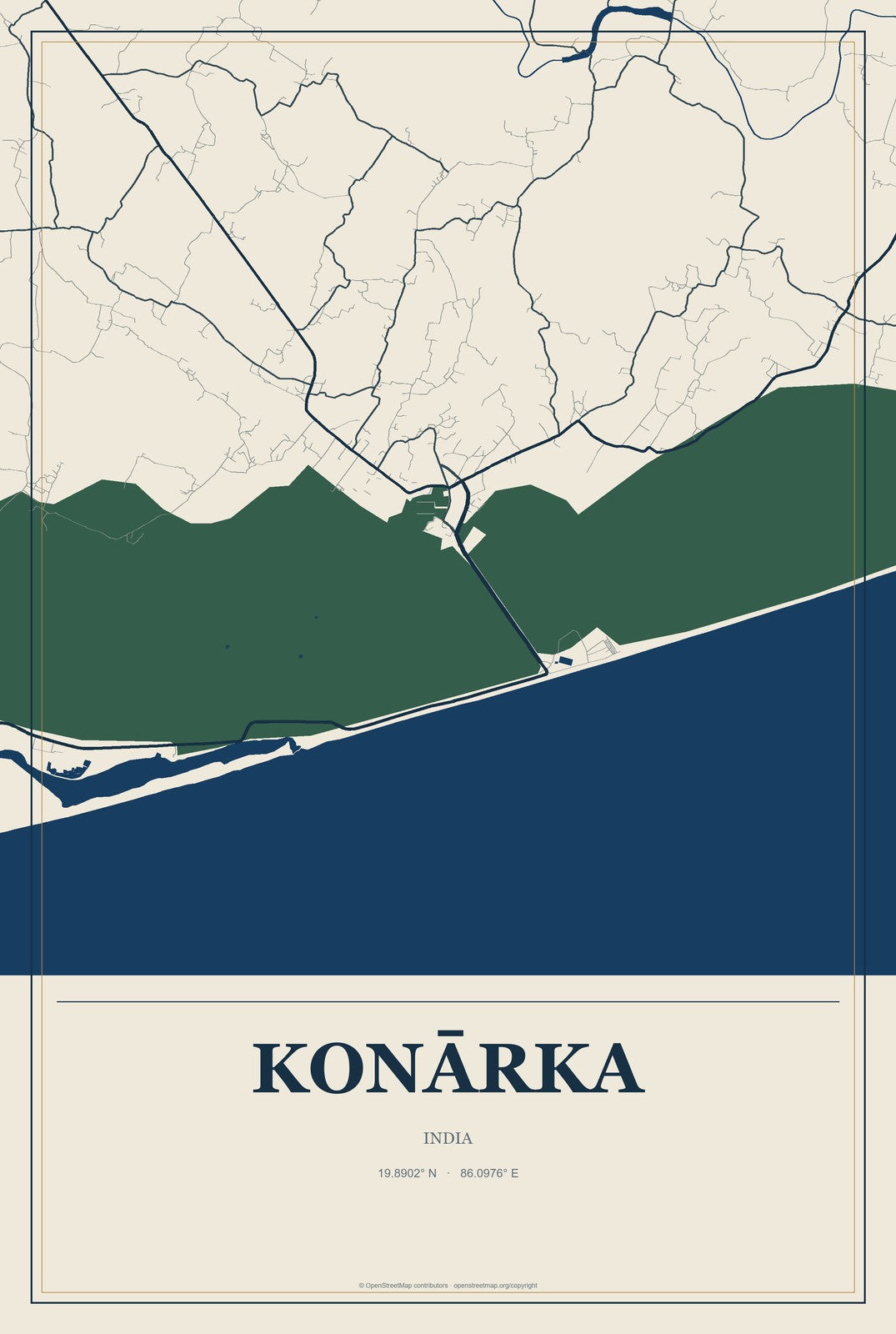 Konārka, India City Map Aluminum Sign in Coastal Cutout style