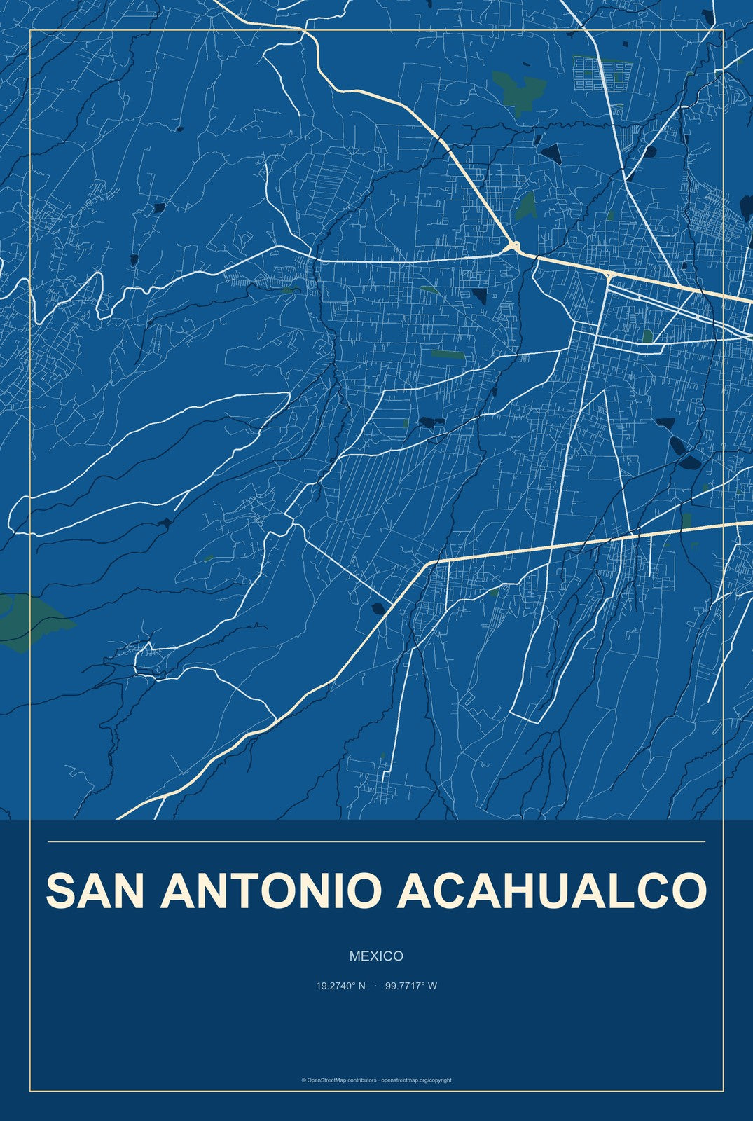 San Antonio Acahualco, Mexico City Map Aluminum Sign in Harbor Cobalt style