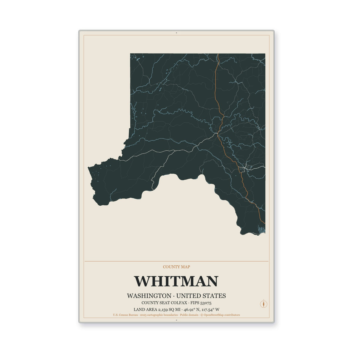 Whitman County, Washington Map Aluminum Sign in Headline Atlas style