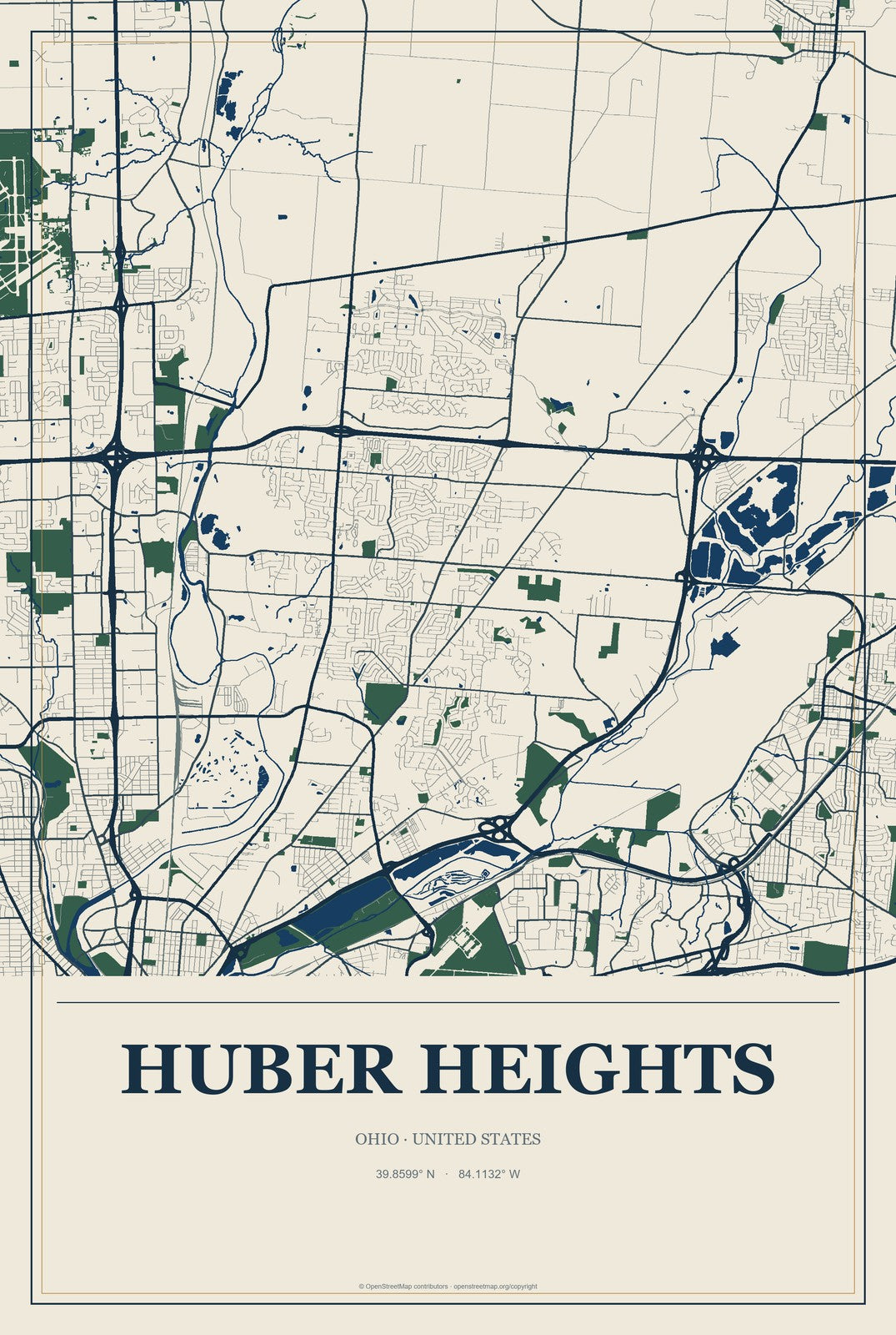 Huber Heights, Ohio City Map Aluminum Sign in Coastal Cutout style