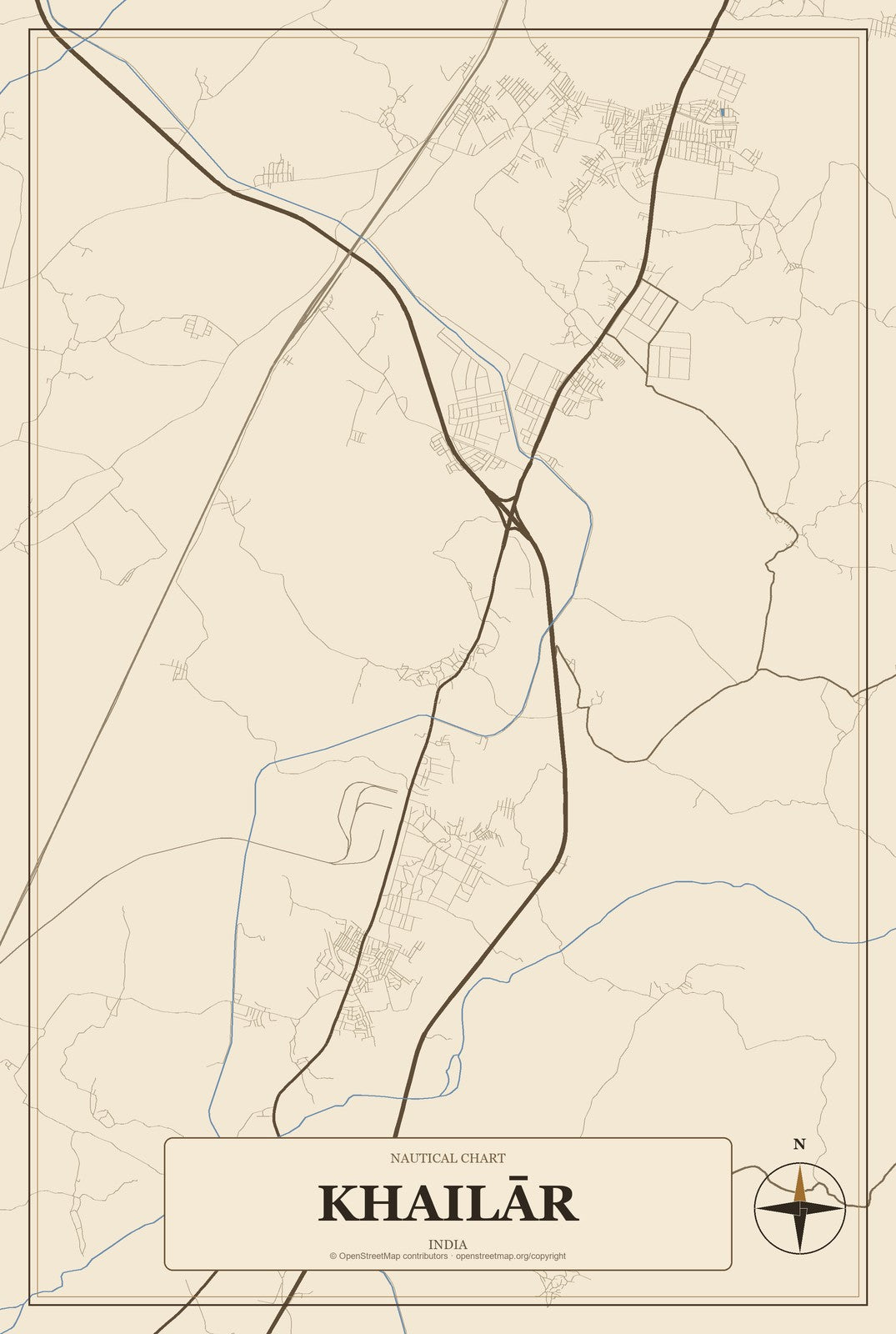 Khailār, India City Map Aluminum Sign in Heritage Nautical style