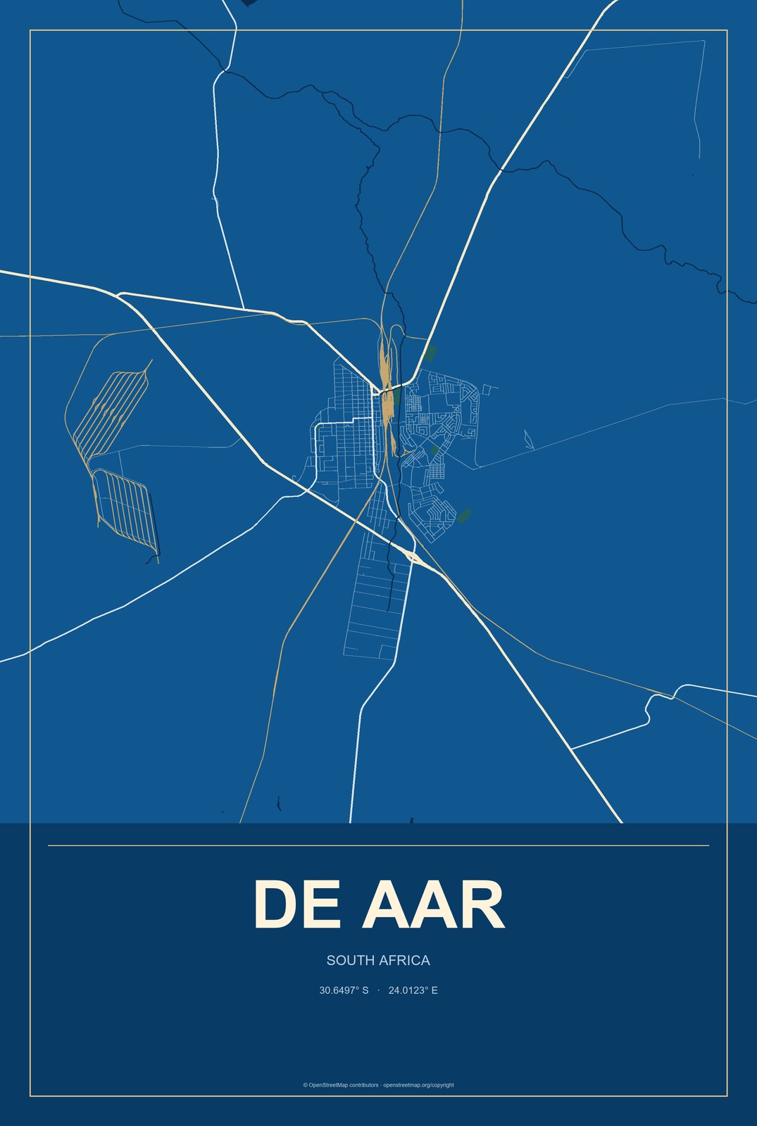 De Aar, South Africa City Map Aluminum Sign in Harbor Cobalt style