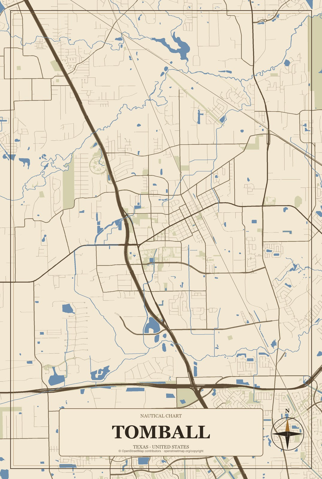 Tomball, Texas City Map Aluminum Sign in Heritage Nautical style