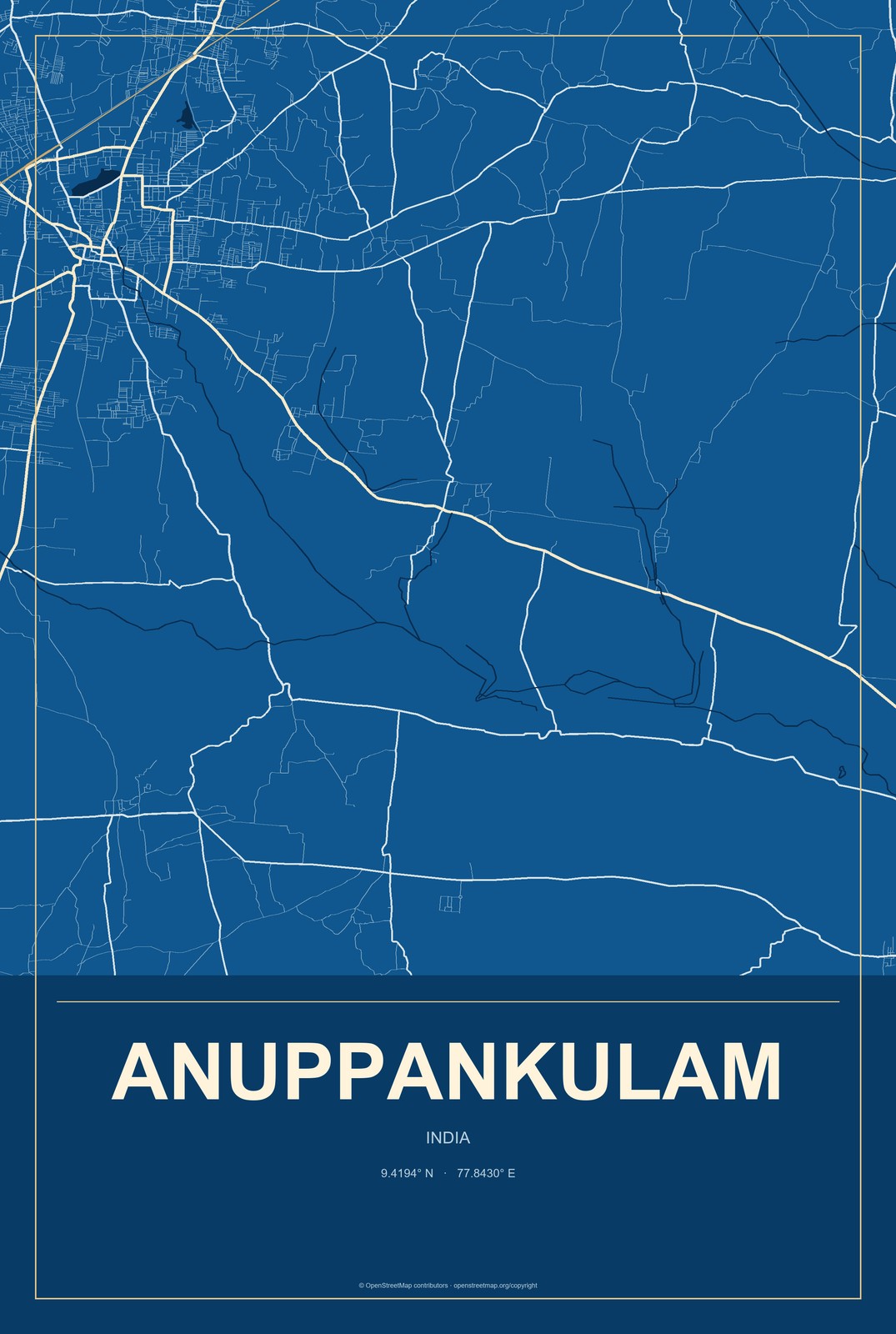 Anuppankulam, India City Map Aluminum Sign in Harbor Cobalt style