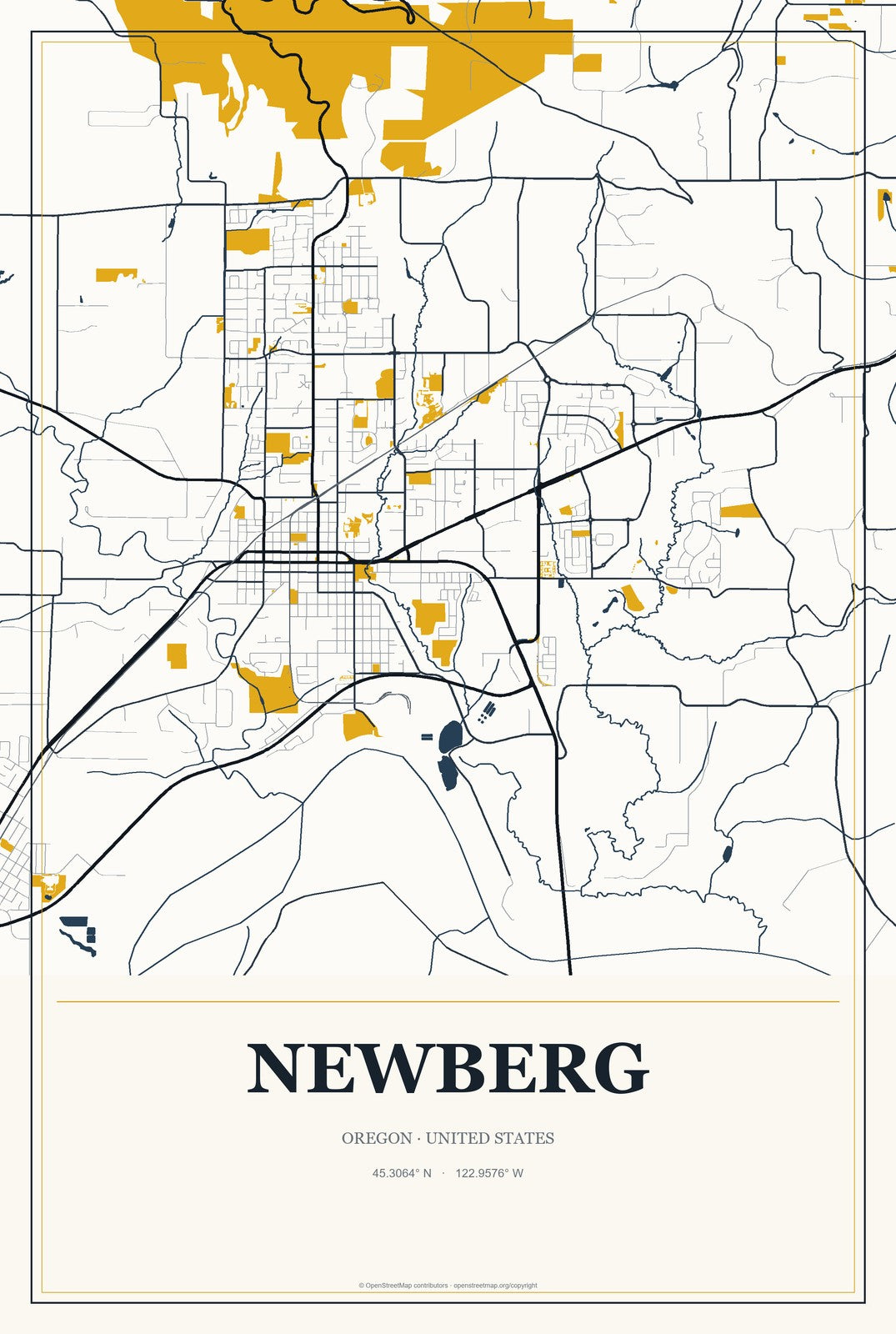 Newberg, Oregon City Map Aluminum Sign in Citrine Modern style
