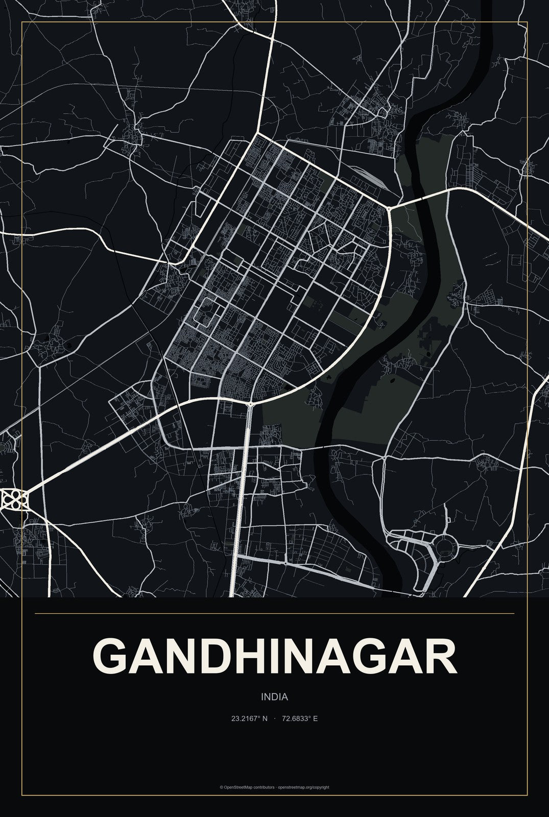Gandhinagar, Maharashtra, India City Map Aluminum Sign in Metropolitan Noir style