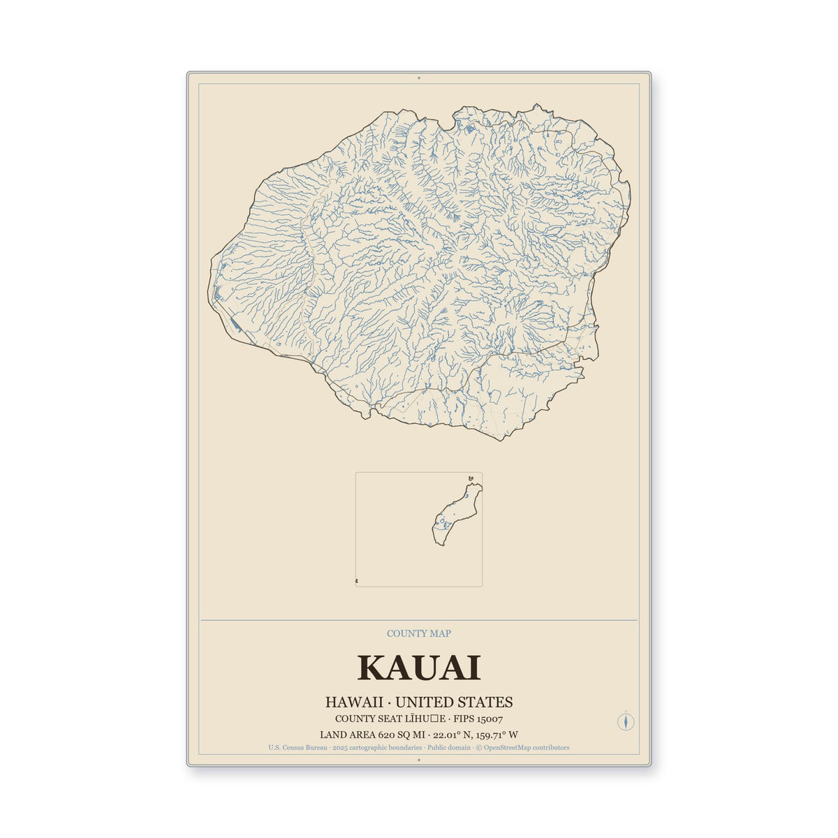 Kauai County, Hawaii Map Aluminum Sign in Heritage Nautical style