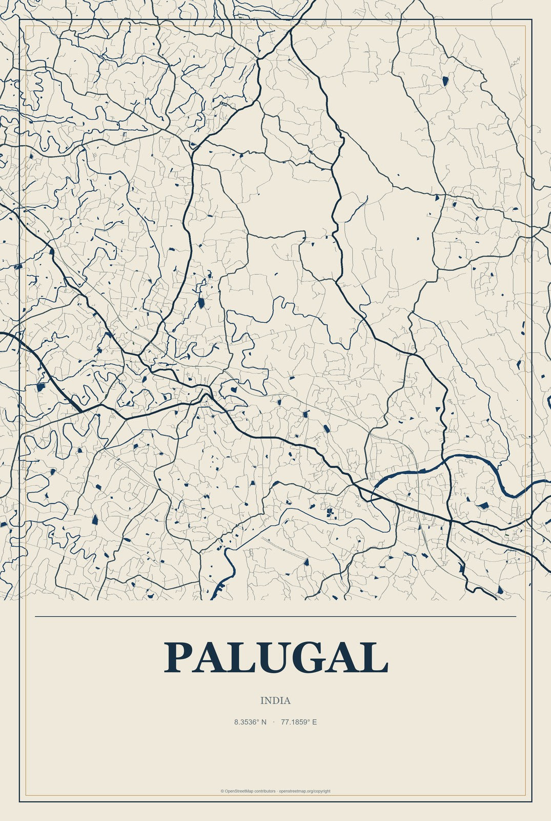 Palugal, India City Map Aluminum Sign in Coastal Cutout style