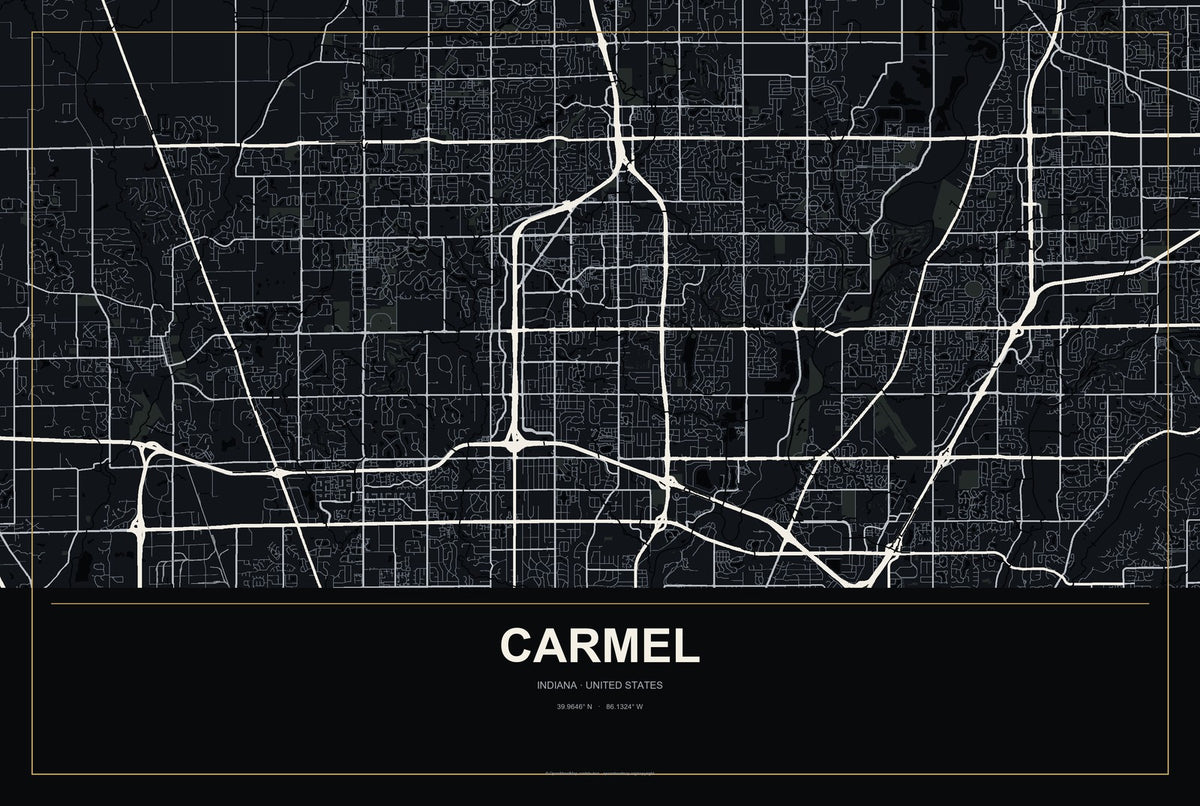 Carmel, Indiana City Map Aluminum Sign in Metropolitan Noir style