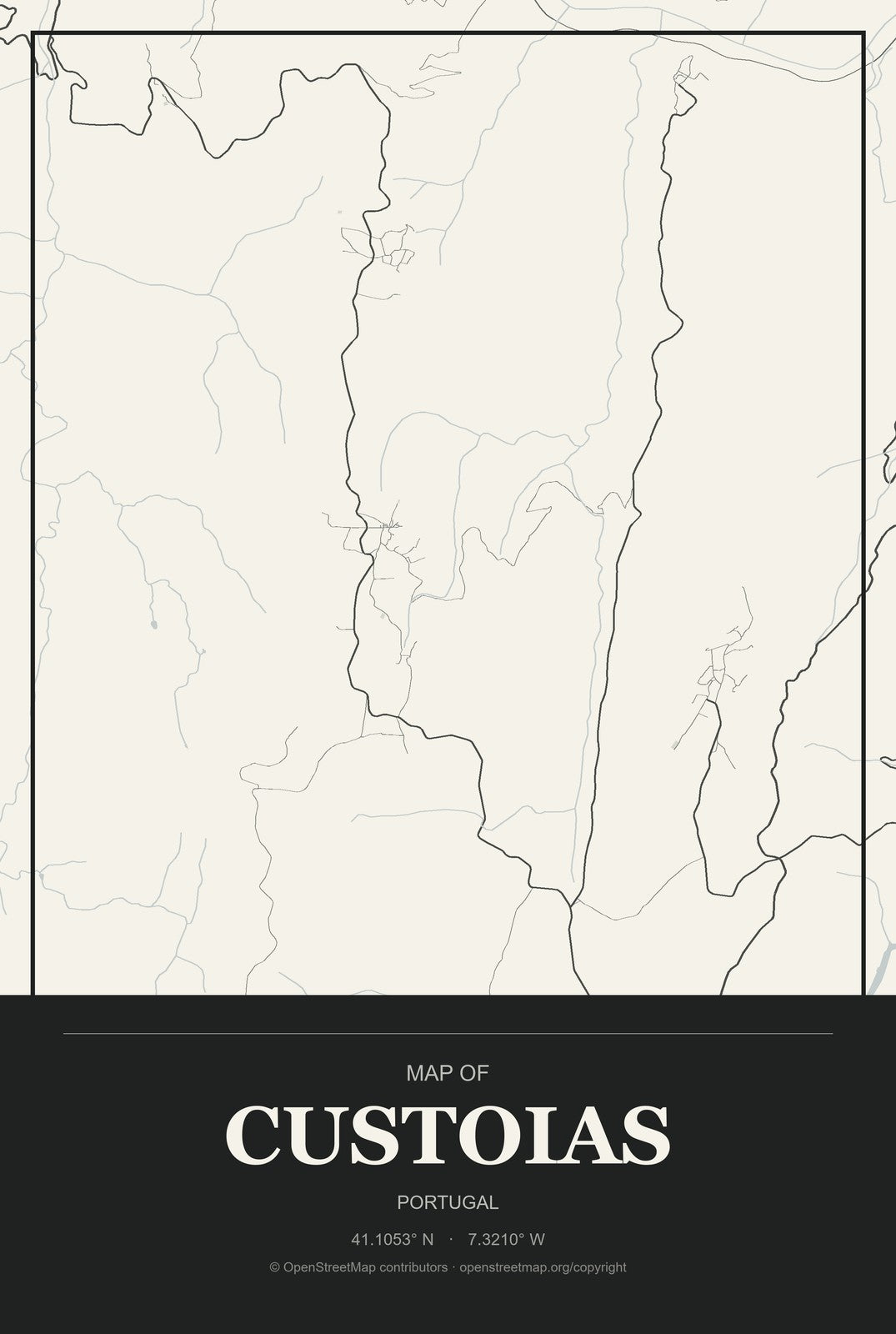 Custoias, Portugal City Map Aluminum Sign in Museum Plaque style