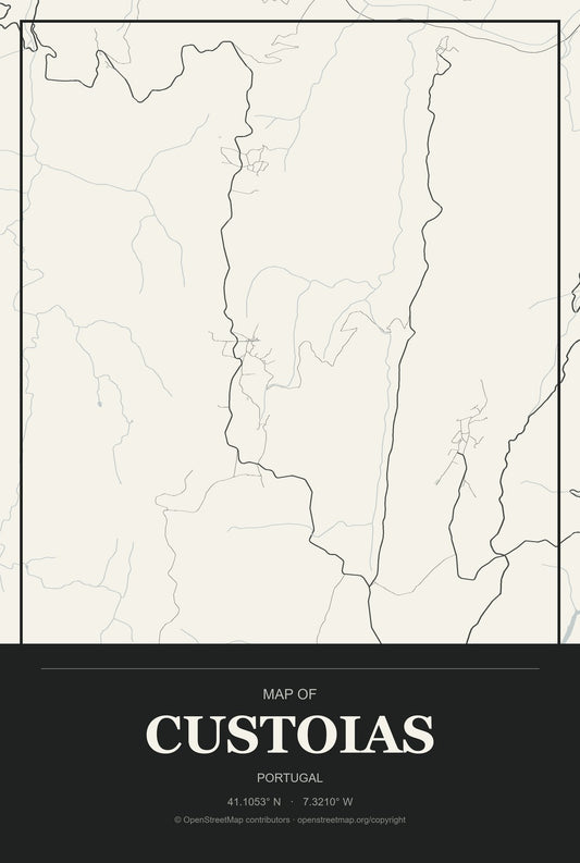 Custoias, Portugal City Map Aluminum Sign in Museum Plaque style