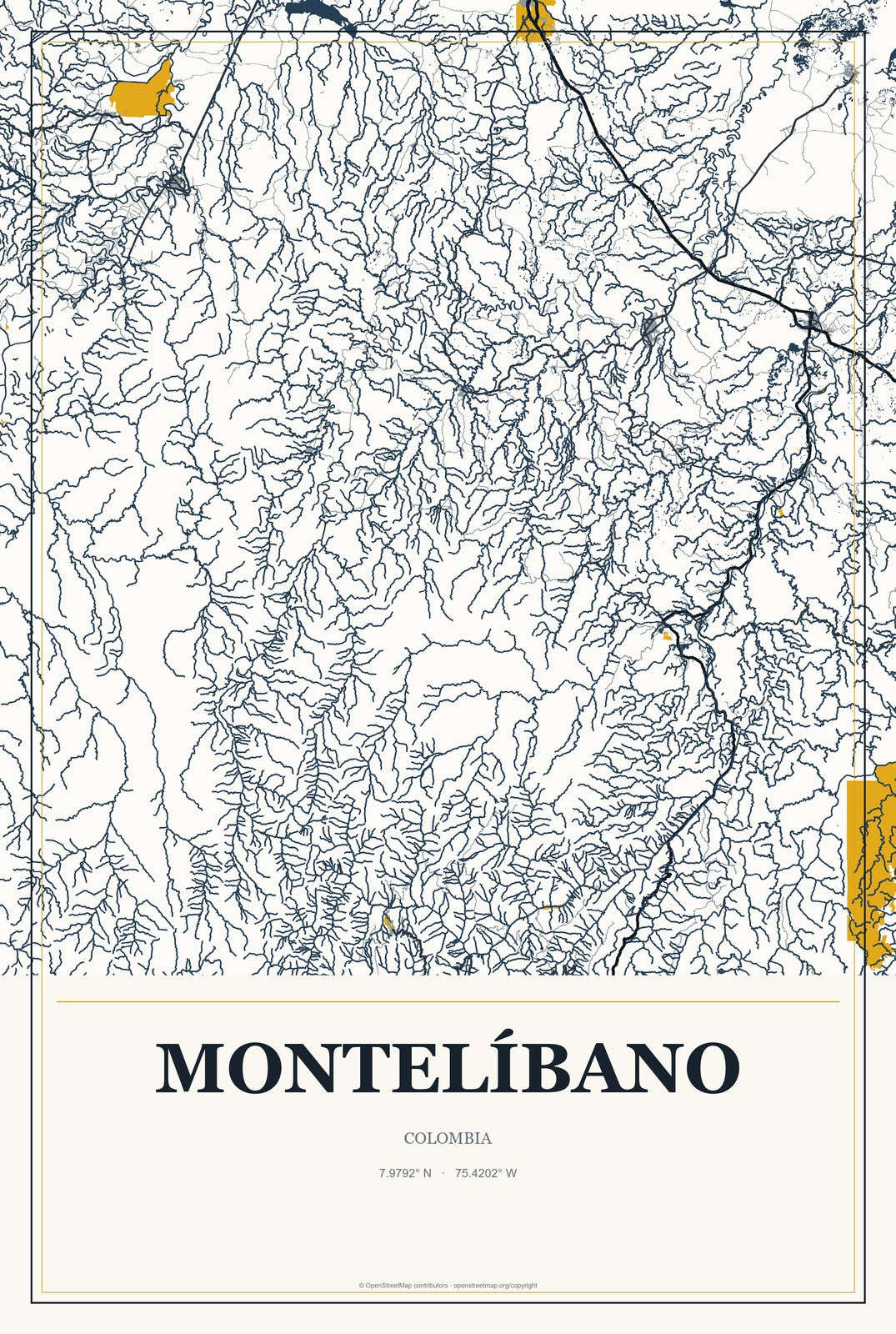 Montelíbano, Colombia City Map Aluminum Sign in Citrine Modern style