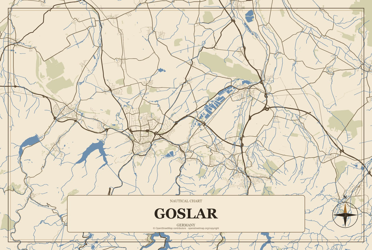 Goslar, Germany City Map Aluminum Sign in Heritage Nautical style