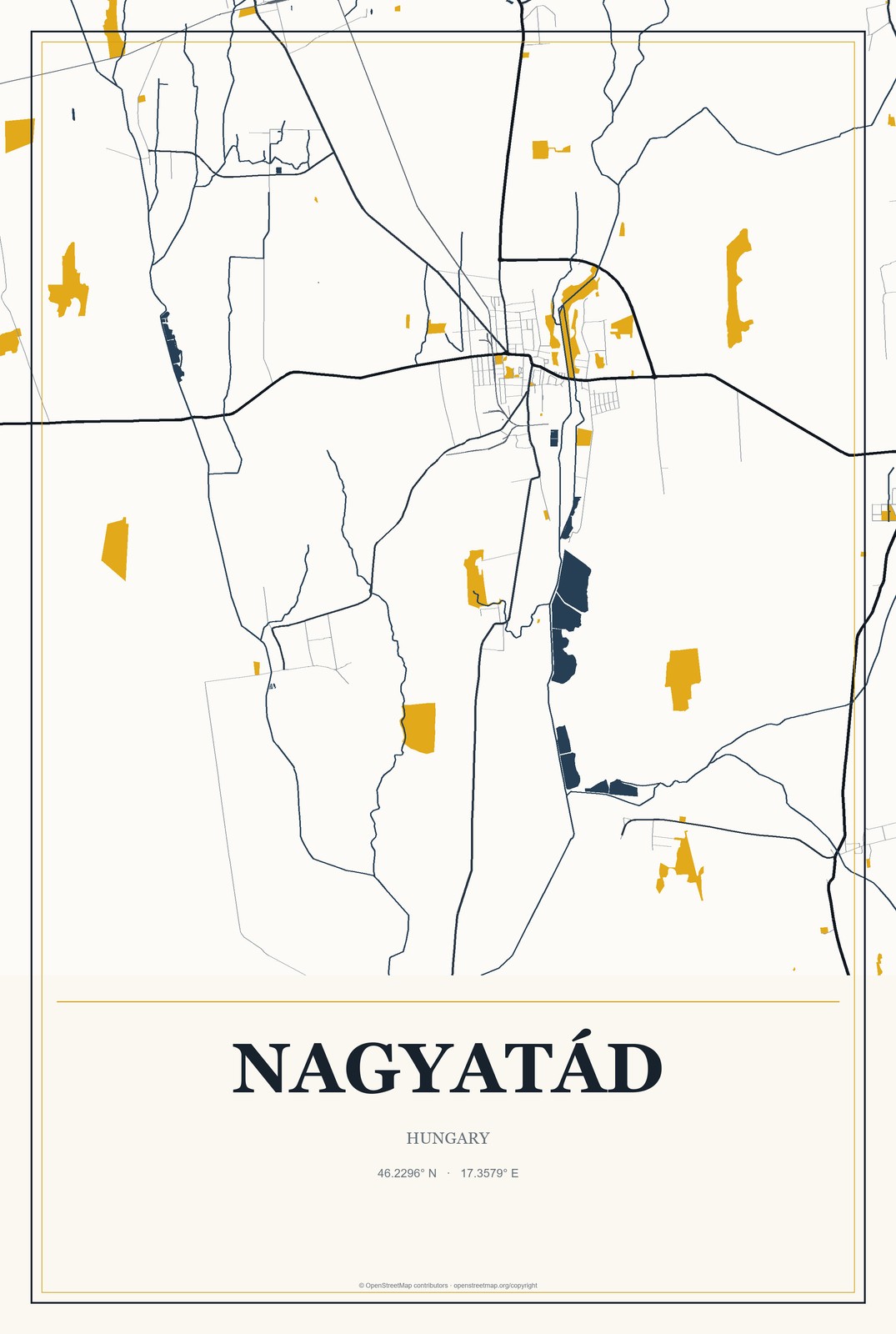 Nagyatád, Hungary City Map Aluminum Sign in Citrine Modern style