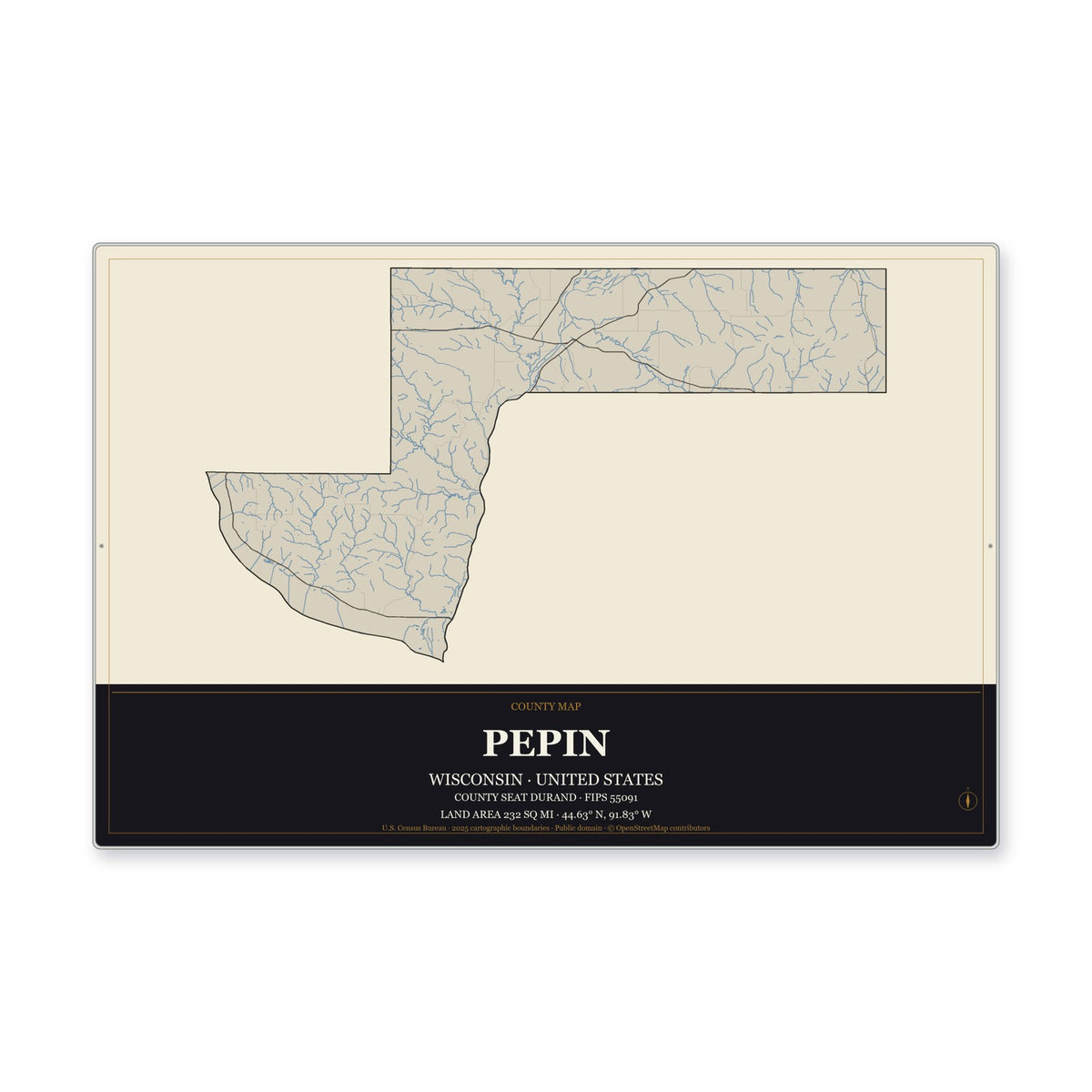 Pepin County, Wisconsin Map Aluminum Sign in Museum Plaque style