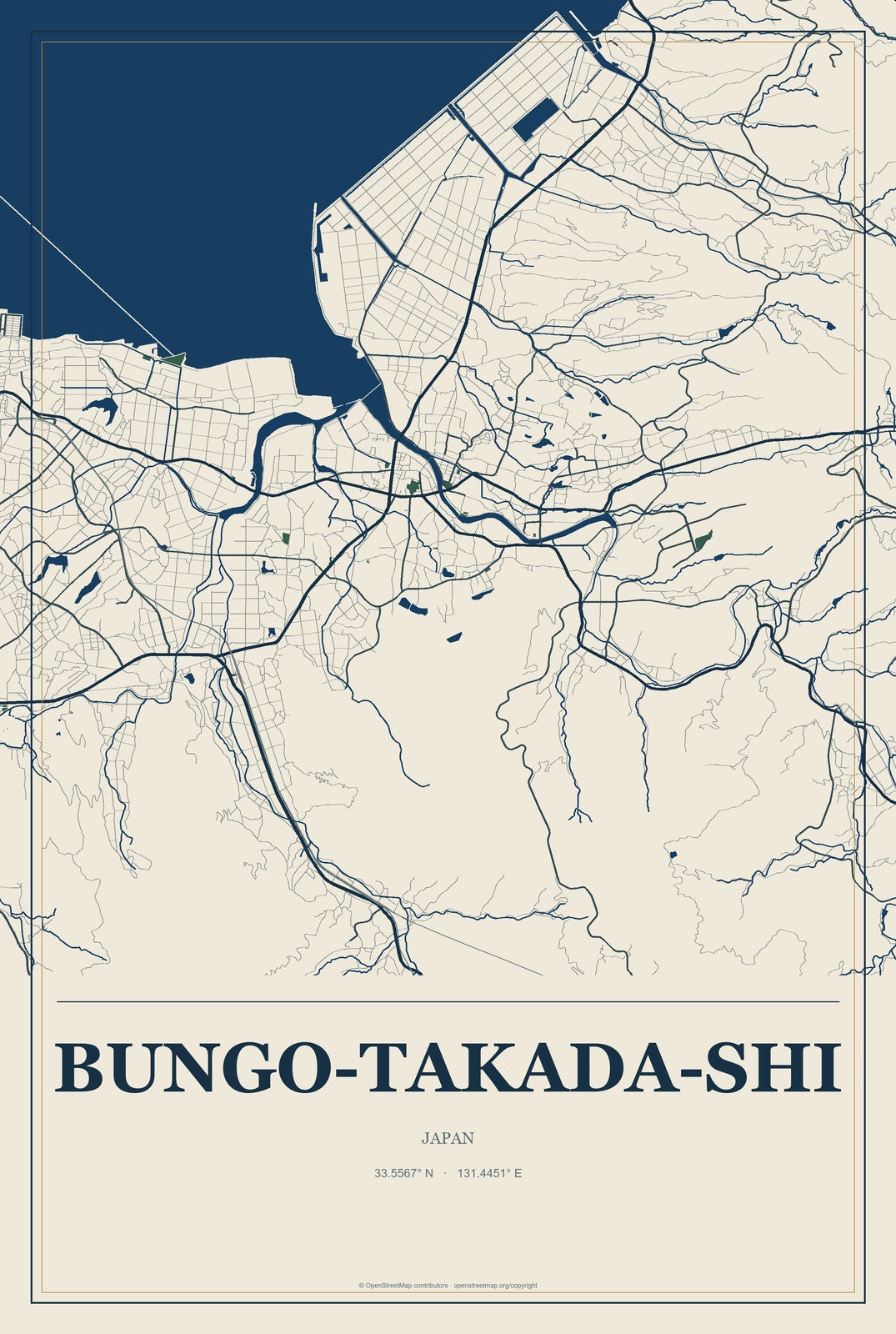 Bungo-Takada-shi, Japan City Map Aluminum Sign in Coastal Cutout style