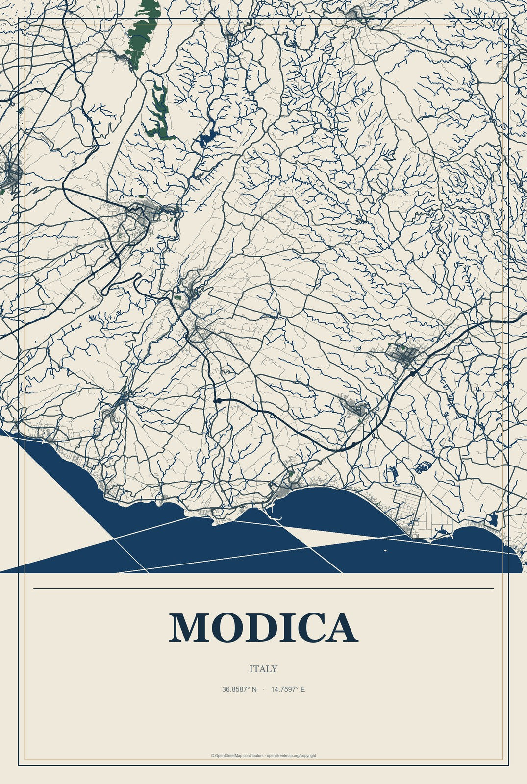 Modica, Italy City Map Aluminum Sign in Coastal Cutout style