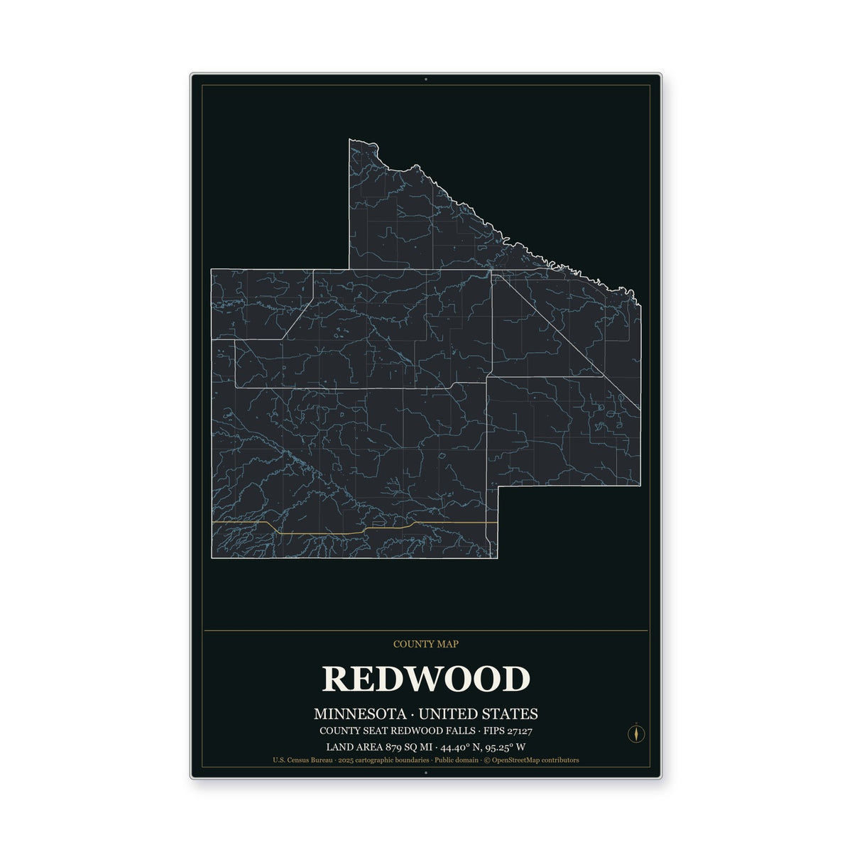 Redwood County, Minnesota Map Aluminum Sign in Metropolitan Noir style