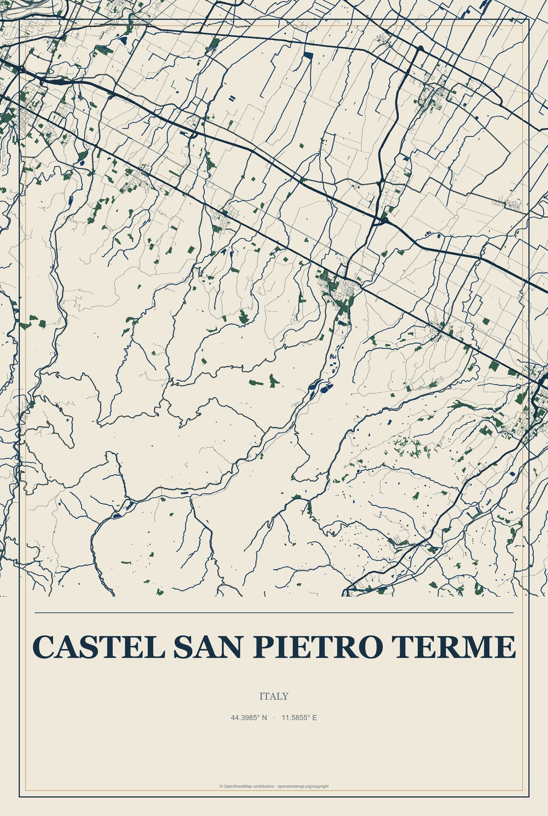 Castel San Pietro Terme, Italy City Map Aluminum Sign in Coastal Cutout style