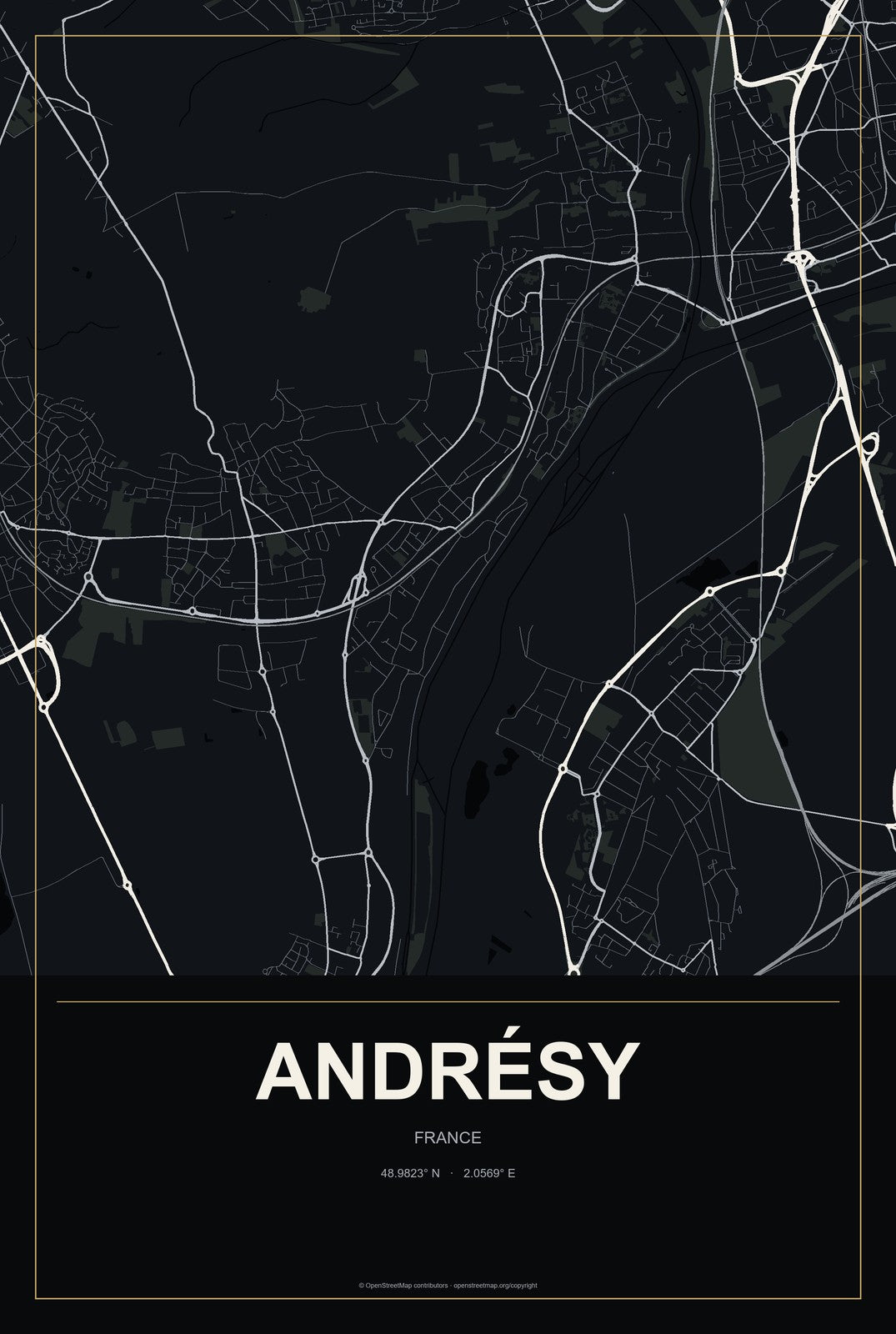 Andrésy, France City Map Aluminum Sign in Metropolitan Noir style