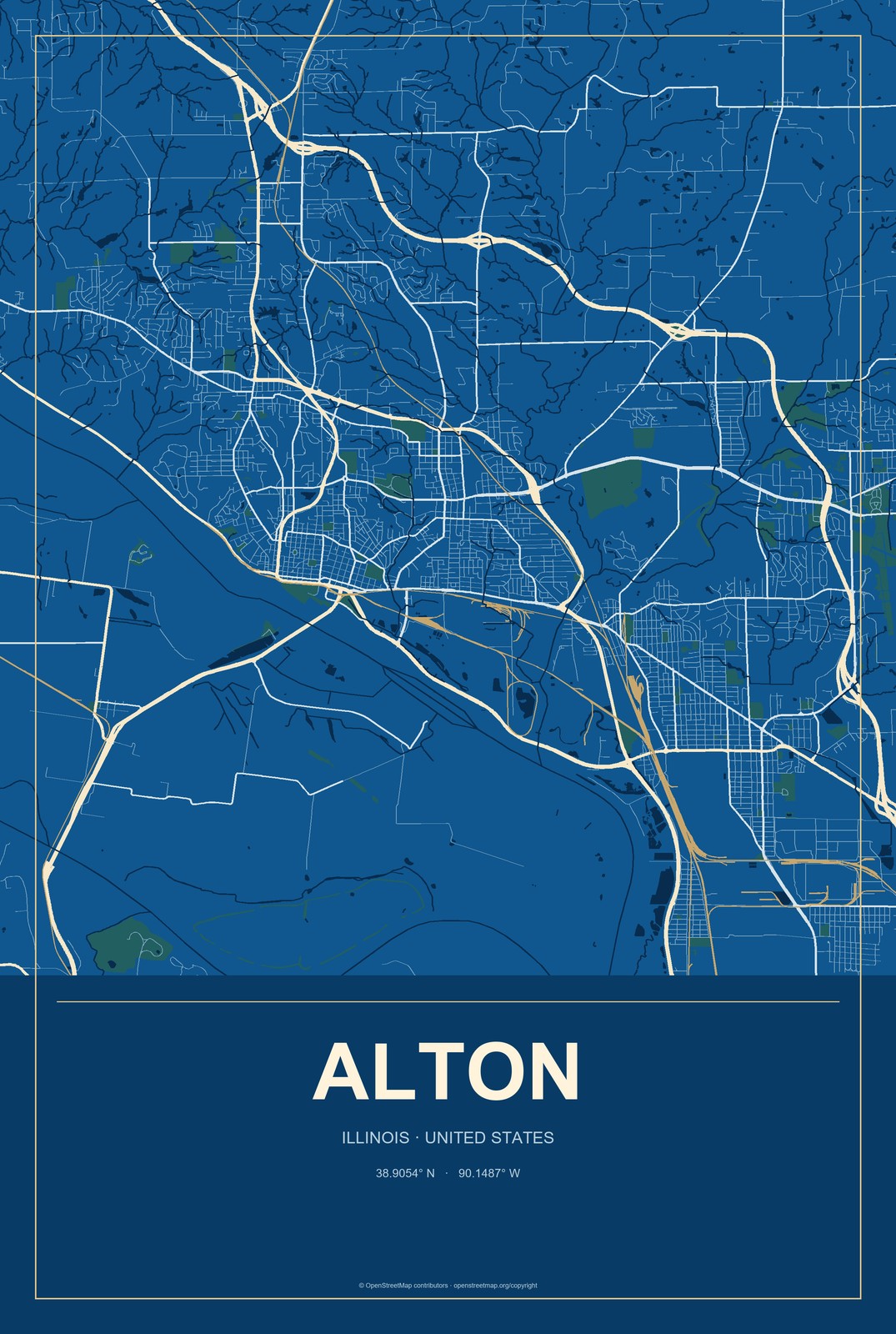 Alton, Illinois City Map Aluminum Sign in Harbor Cobalt style