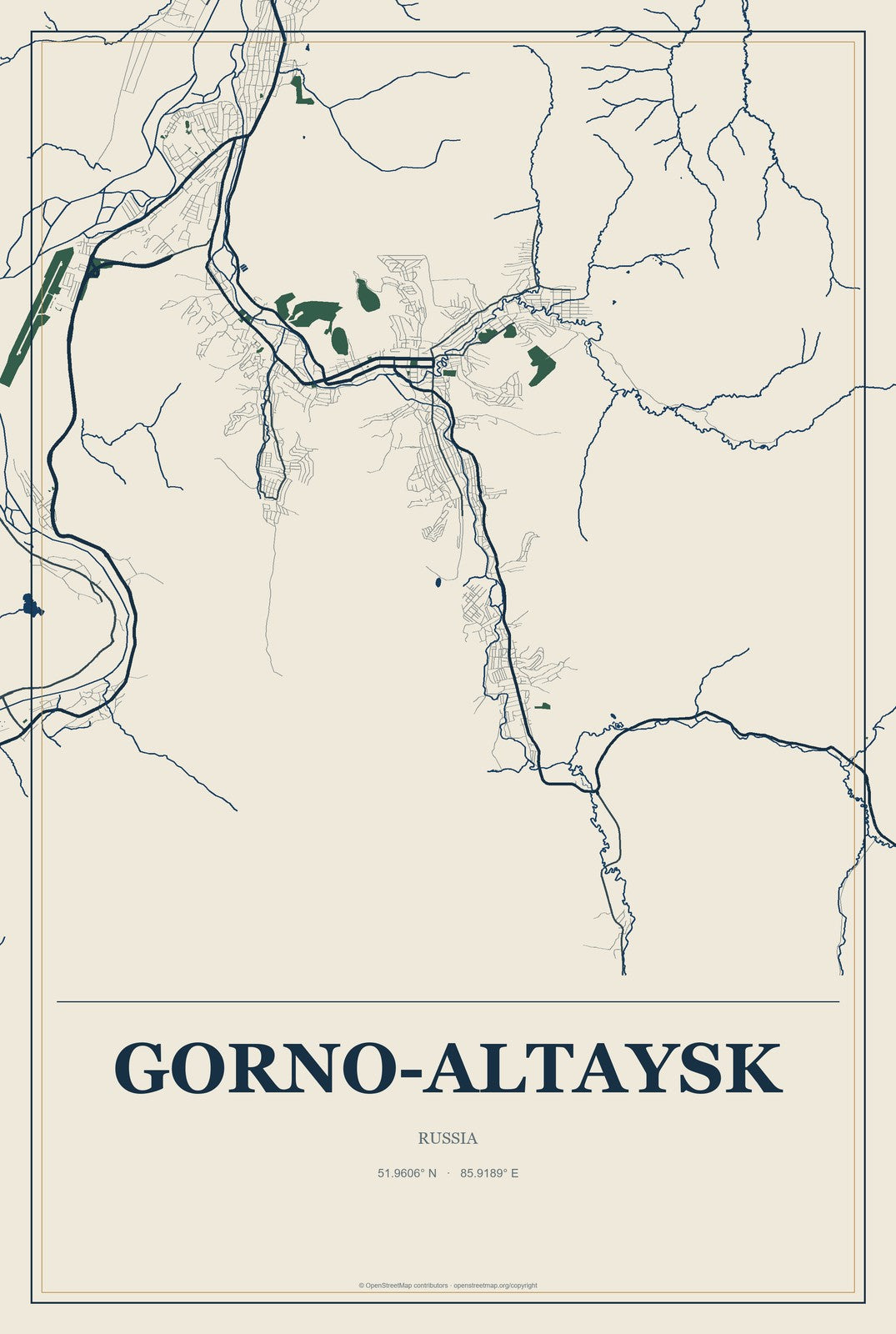 Gorno-Altaysk, Russia City Map Aluminum Sign in Coastal Cutout style