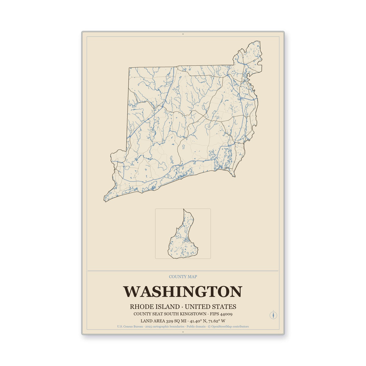 Washington County, Rhode Island Map Aluminum Sign in Heritage Nautical style