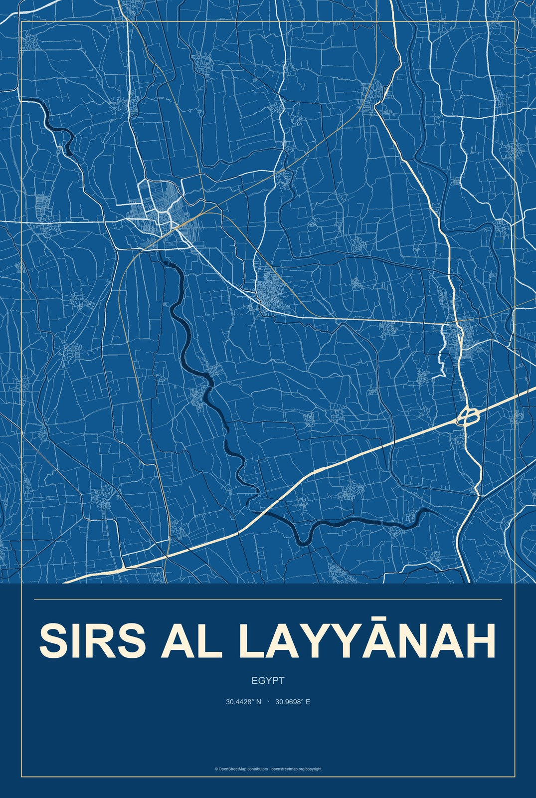 Sirs al Layyānah, Egypt City Map Aluminum Sign in Harbor Cobalt style