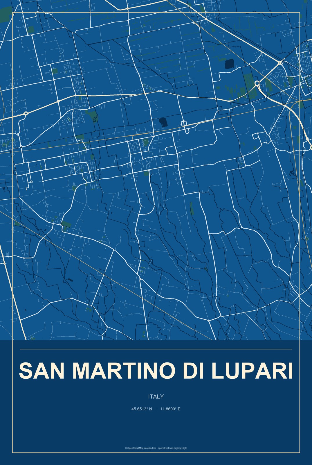 San Martino di Lupari, Italy City Map Aluminum Sign in Harbor Cobalt style
