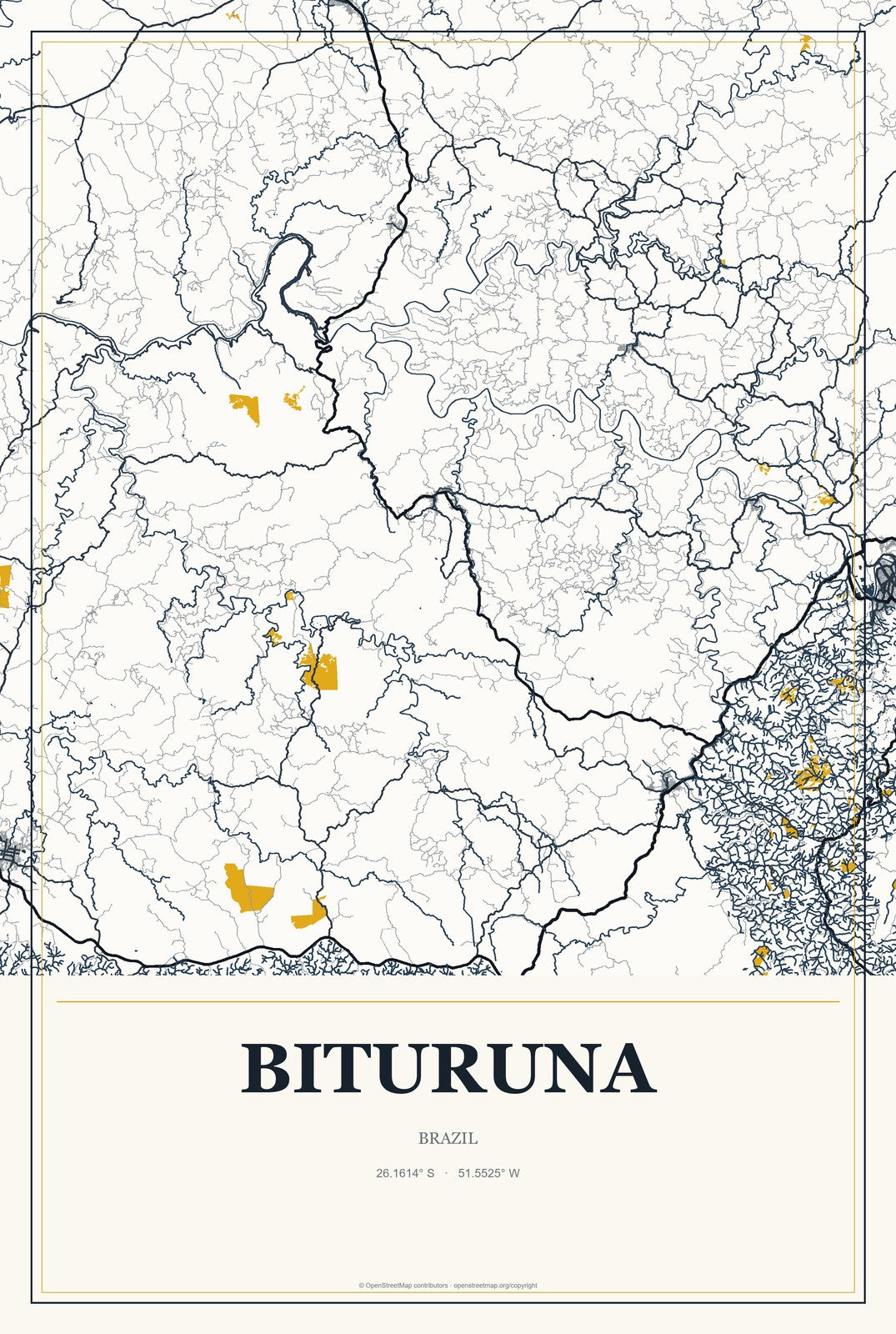 Bituruna, Brazil City Map Aluminum Sign in Citrine Modern style