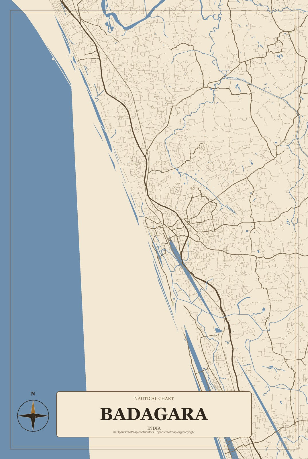 Badagara, India City Map Aluminum Sign in Heritage Nautical style