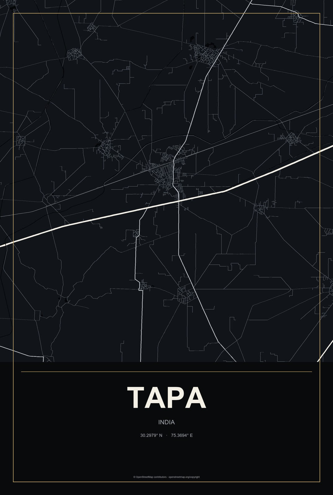 Tapa, India City Map Aluminum Sign in Metropolitan Noir style